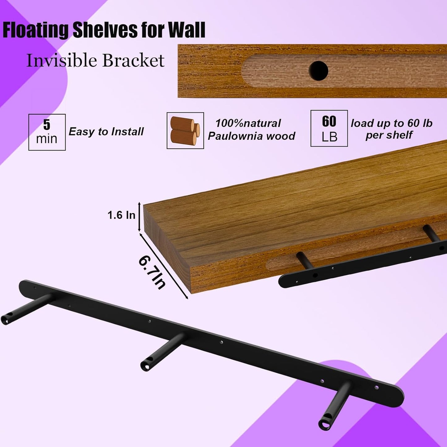 IAE Walnut Floating Wall Shelves 55 inch, Bathroom Shelves Wall Mounted,Invisible Shelves Floating Kitchen Shelves,Wooden Wall Shelves with Brackets for Living Room Wall Mounted,Easy Install,Set of 2