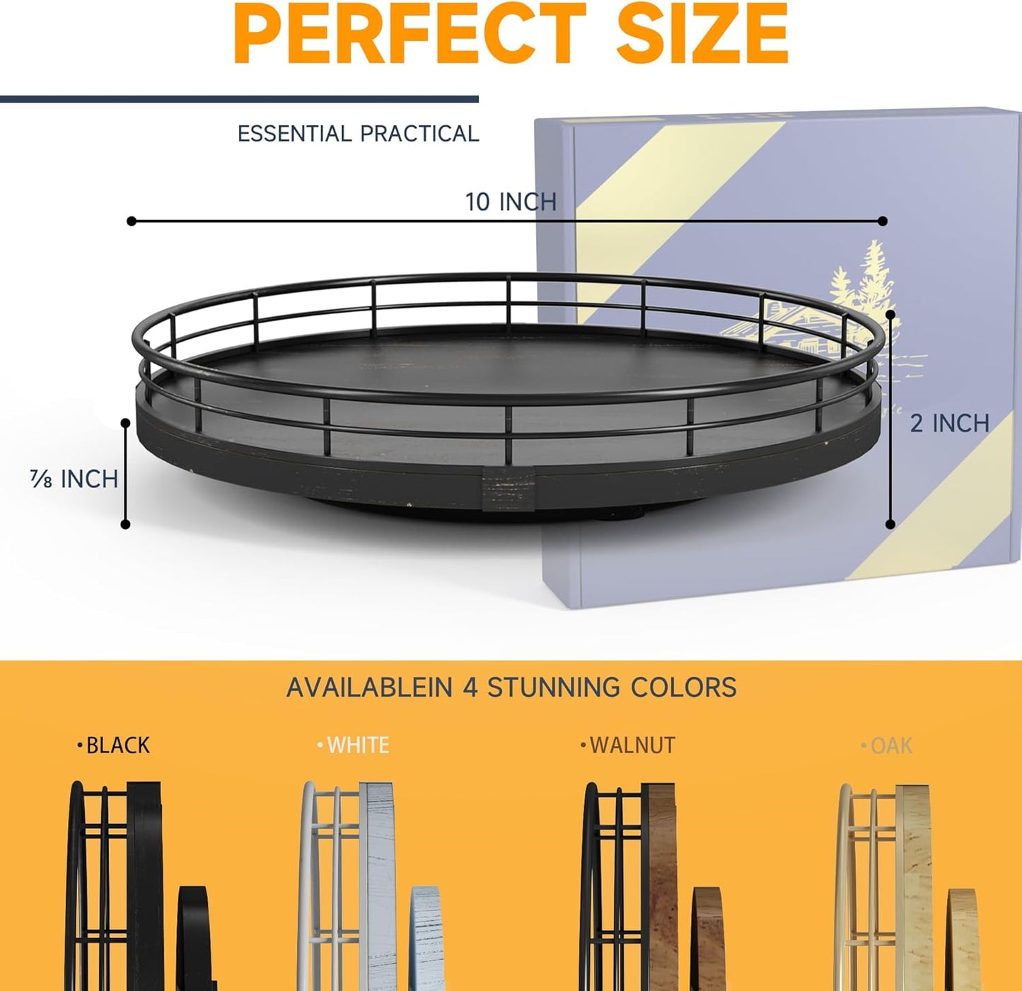 10" Oak Bathroom Vanity Tray Turntable for Perfume Candle, Round Wooden Decorative Tray for Kitchen Sink Countertop Organizer, Bathroom Counter Organizer for Skincare Makeup, Farmhouse Black Gold