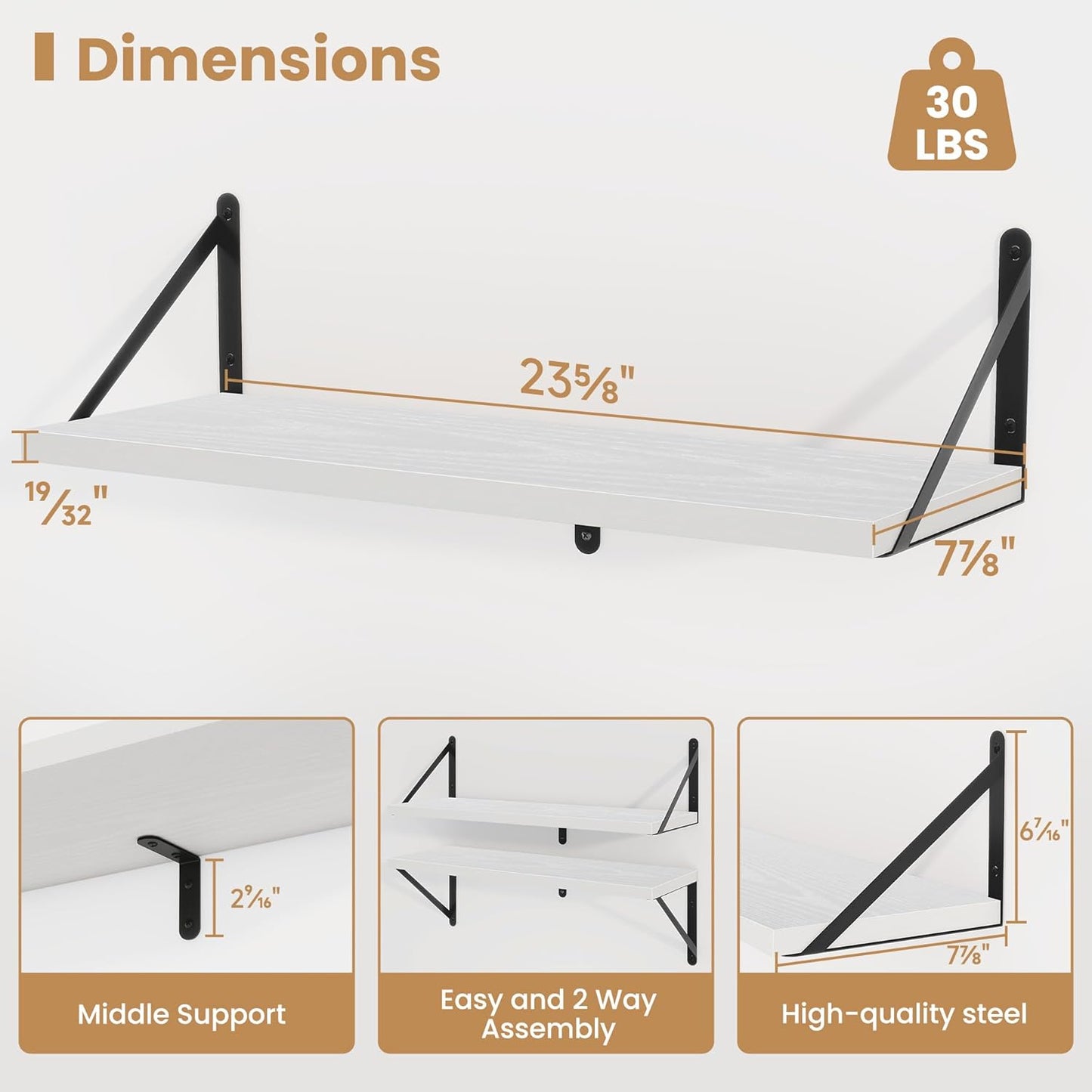Heimlove 24 Inches White Floating Shelves,8 Inches Deep Wall Bookshelf Mounted Display&Storage Wood Wall Shelves for Kitchen Bathroom Laundry Living Room,Set of 3