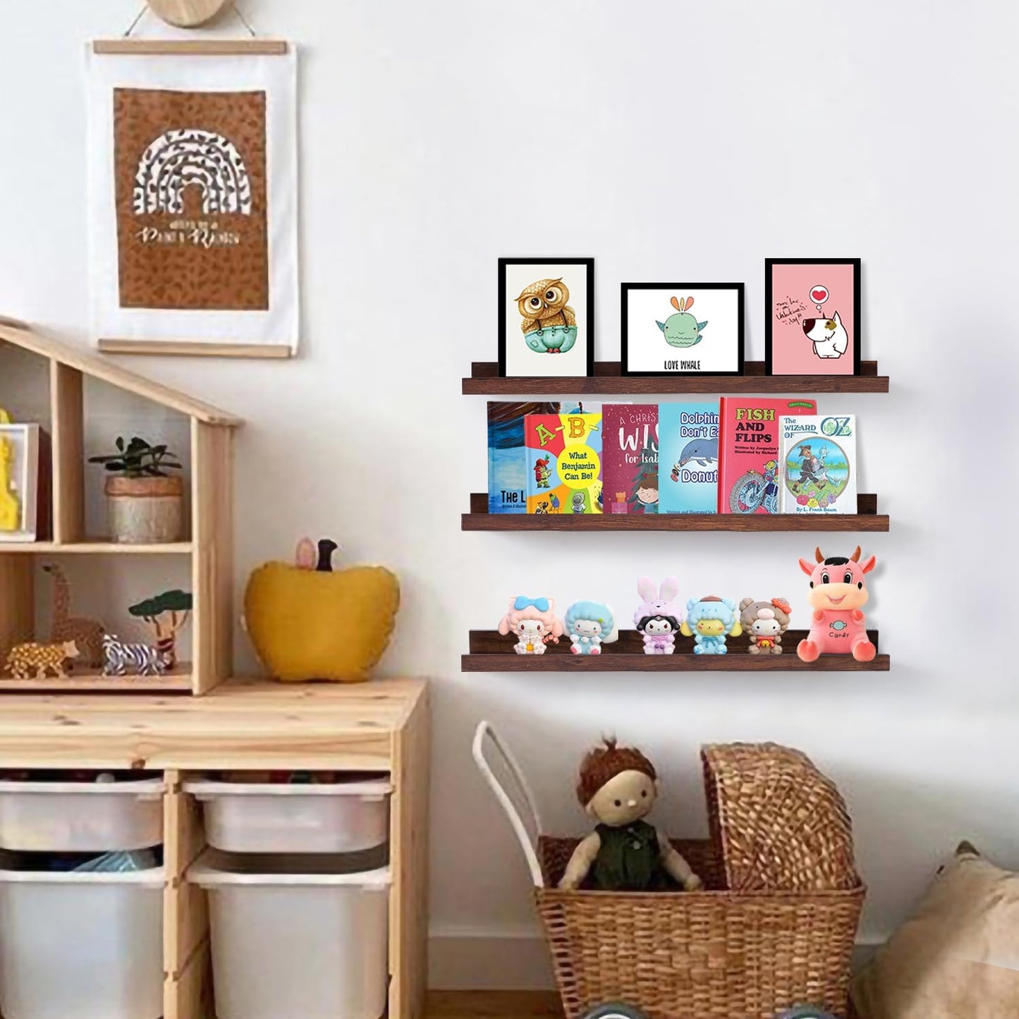 AZSKY Walnut Floating Shelves 24 Inch Picture Ledge Shelf for Wall Photo Shelves with Lip for Pictures Nursery Room Bookshelf Wood Wall Shelves Set of 3 for Bedroom Living Room Bathroom Kitchen