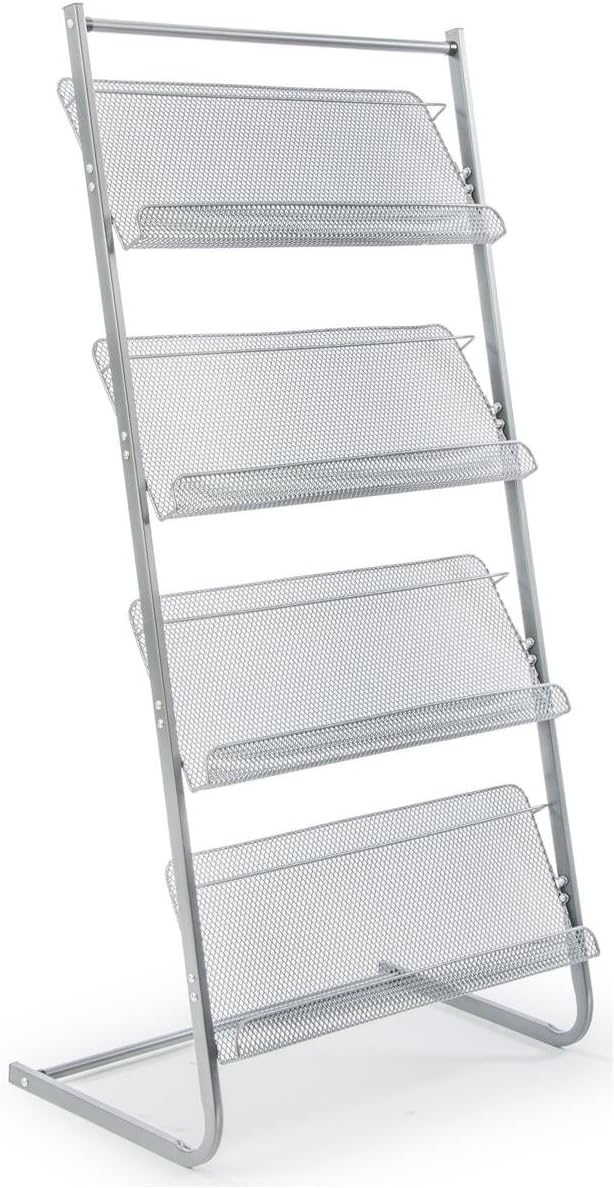 Displays2go Magazine Rack for Offices, Stores or Retail, (4) Mesh Shelves, 23.5" x 9" Trays, 50" H (Silver Steel)