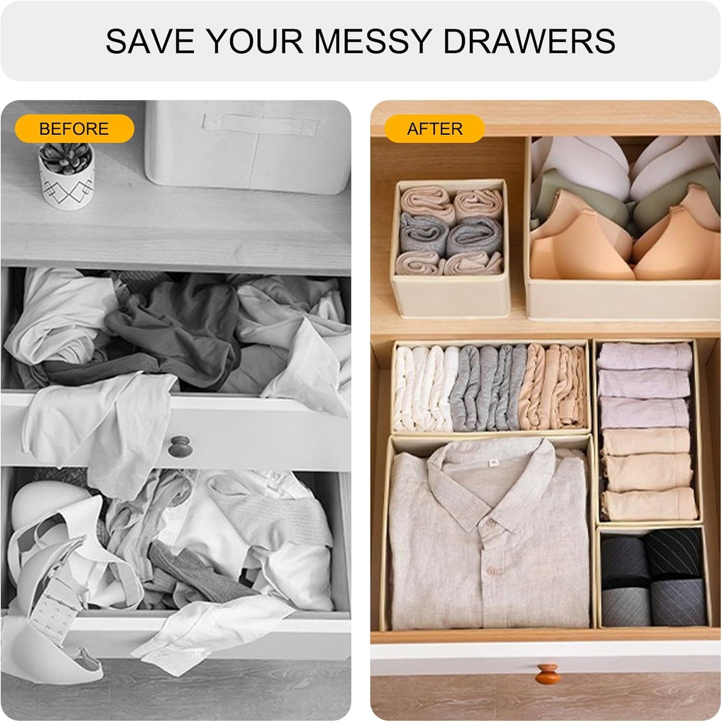 6 Pack Drawer Organizers for Clothing,Fabric Foldable Closet Organizers and Storage Dresser Drawer Dividers Storage Basket Bins for Clothes,Socks,Scarves,Ties,Underwear,Towels