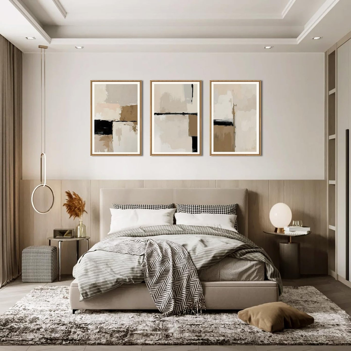 HPINUB Large Modern Abstract Framed Canvas Wall Art Set,Geometric Line Black White and Beige Textured Wall decor Neutral Gray Minimalist Art Print for Living Room,Bedroom,Dining Room,Office -16"x24"x3