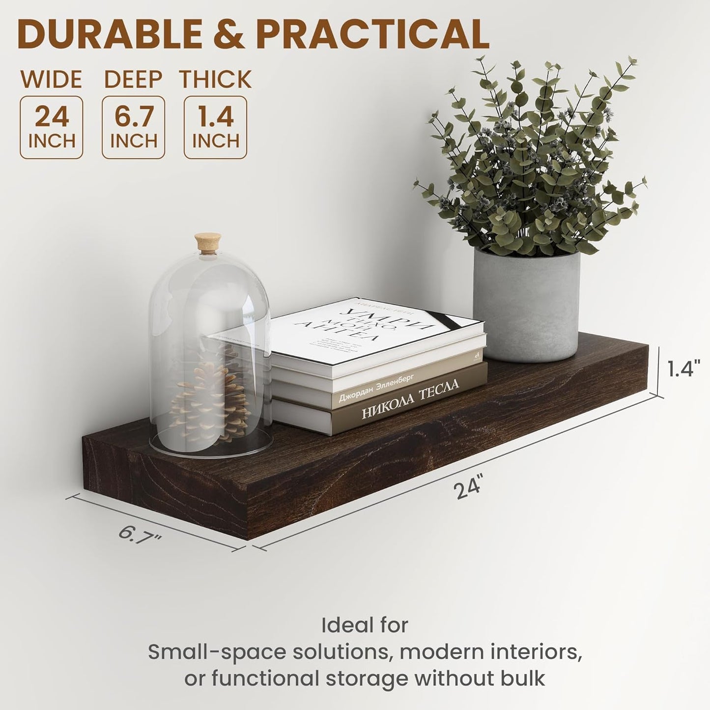 Wood Floating Shelves for Wall, 24" Floating Shelves Wall Mounted, Rustic Old Elm Wood Shelves for Home Decor, Heavy-Duty Storage Shelves for Books, Bathroom, Kitchen, Walnut Color, Set of 2