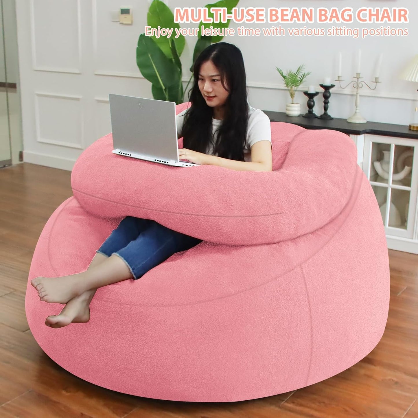 HABUTWAY Bean Bag Chair with U-Shaped Pillow for Adult and Kids Big BeanBag Chair with Filling Ultra Soft Teddy Fleece Couch Chair with Washable Cover for Living Room Bedroom, Light Pink & Light Pink