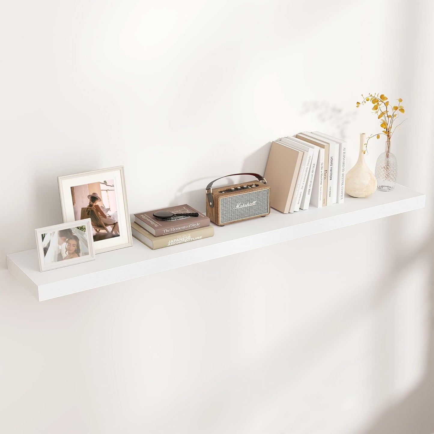 Floating Shelves for Wall, Large Wall Mounted Shelves with Invisible Brackets, Long Wood Floating Shelf for Living Room, Bedroom, Kitchen, (White, 55" W x 9" D x 1.5" H)