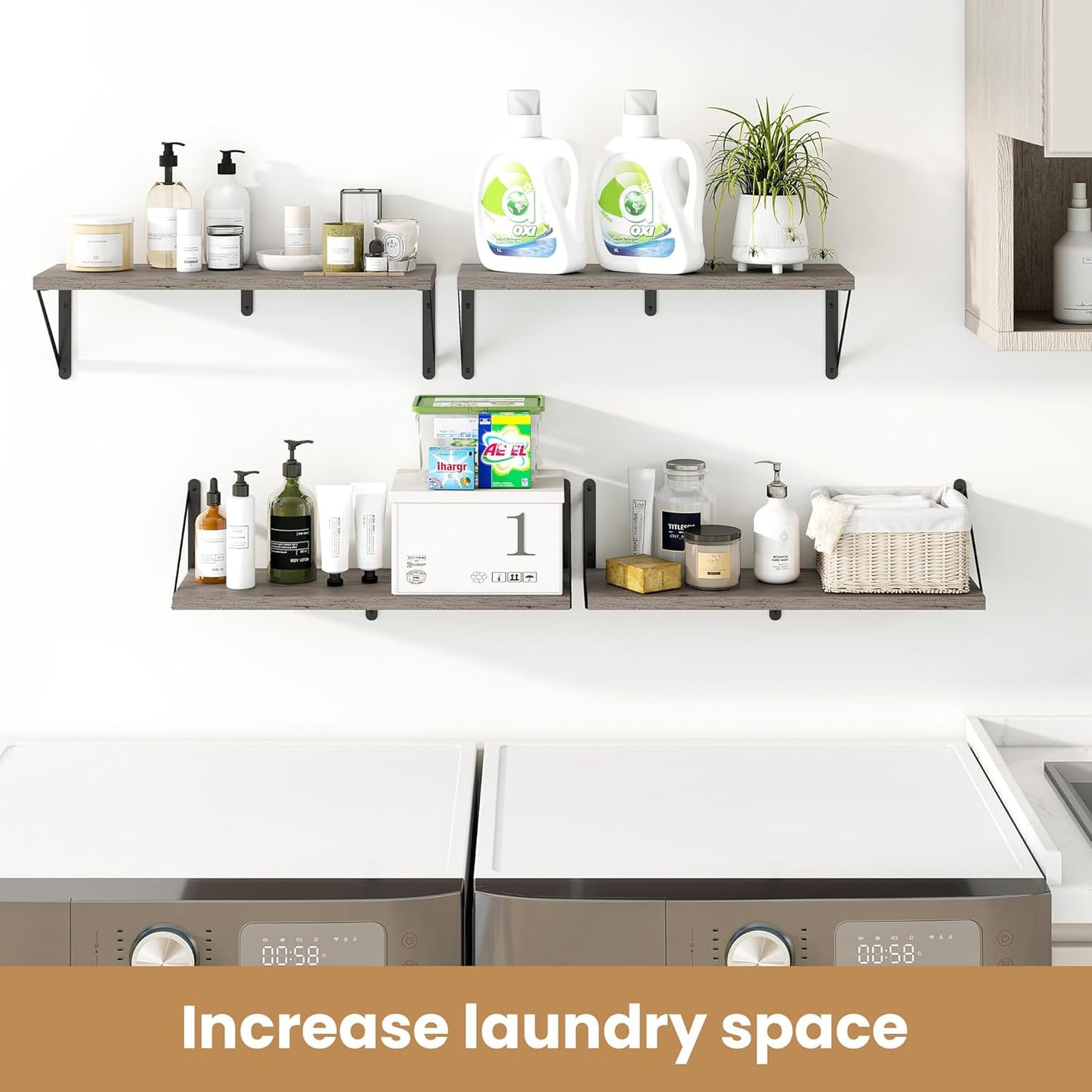 Heimlove Floating Shelves for Wall 24 Inches,8 Inches Deep Wall Bookshelf Mounted Display&Storage Wood Shelves for Kitchen Bathroom Laundry Living Room,Set of 3 (Silver Grey)