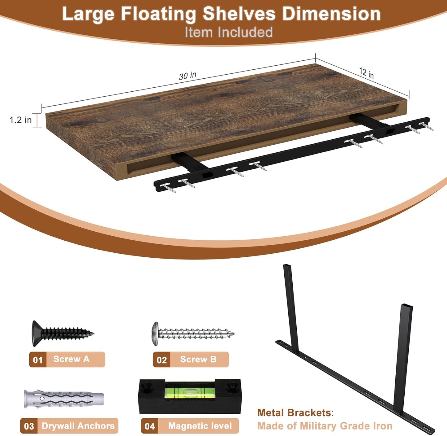 12 Inch Deep Floating Shelves for Wall 2 Pack Floating Shelves Large Storage Space Wall Mount Shelf for Living Room Kitchen Bathroom 30" W x 12" D x 1.2" H Rustic Brown