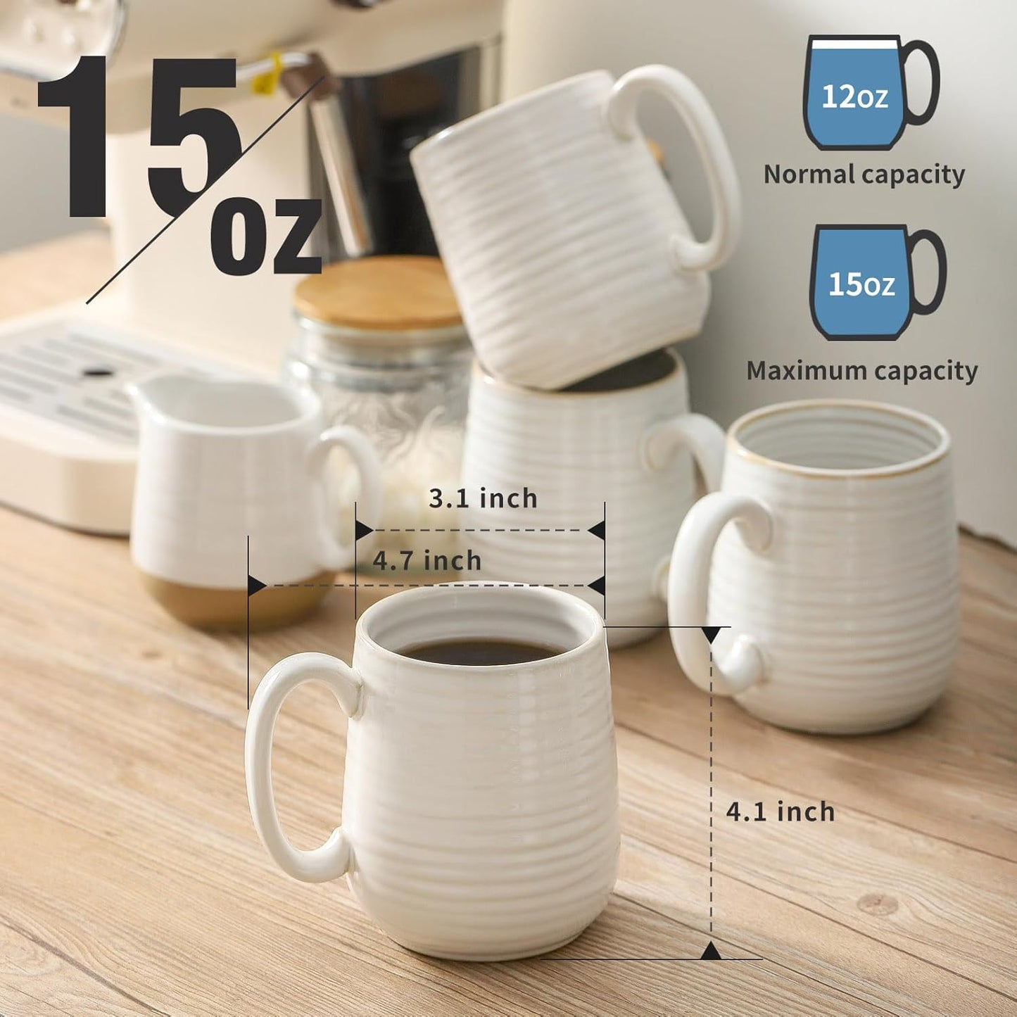 Hasense Coffee Mugs, 12 Ounce Ceramic Coffee Cups Set of 4, Latte Mug with Handle for Milk, Cocoa, Cappuccino, Tea Cup for Wedding Gift, Dishwasher Microwave Safe, Clay-Infused White