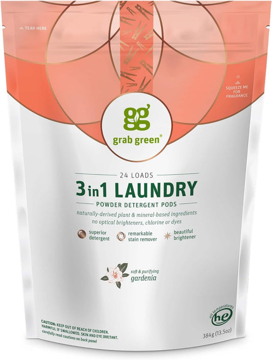 Grab Green 3-in-1 Laundry Detergent Pods, 24 Count, Gardenia Scent, Plant and Mineral Based, Superior Cleaning Power, Stain Remover, Brightens Clothes