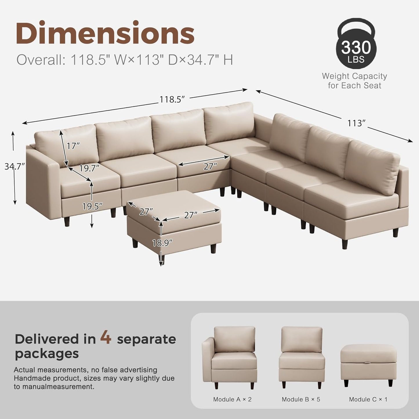 118.5" Faux Leather Modular Sectional Convertible Sofa, L Shaped Couch Set for Living Room, Large 8-Seater Comfy Cloud Couches with Movable Storage Ottoman DIY Combination - Whitesand