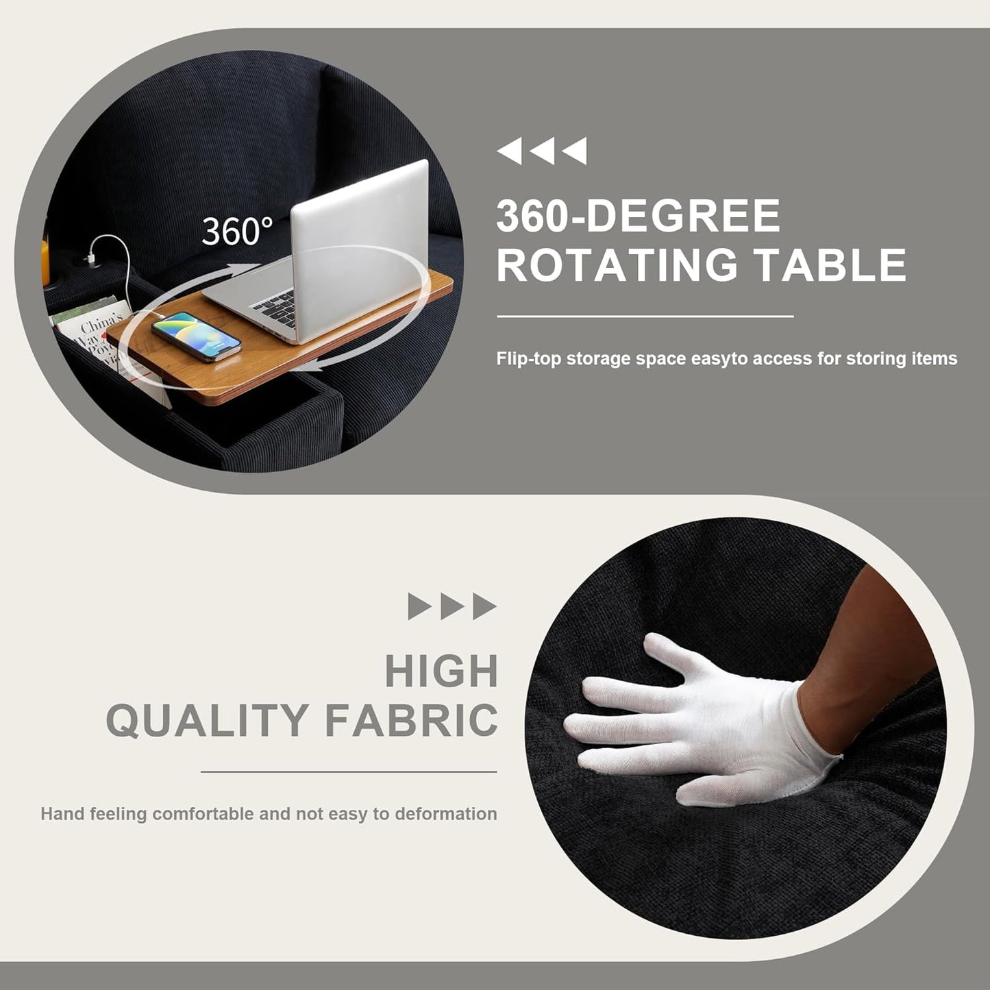 120.3" Modern L-Shaped Sectional Sofa with 360°Swivel Drop-Down Table, Storage Armrest, USB Ports & Movable Storage Ottoman – Plush Linen Cloud Couch for Lounge (Black)