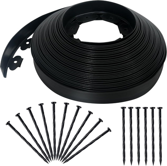 2 Inch x 100FT Landscape Edging Border with 90 Anchoring Spikes, No Dig Garden Border Edging Kit, Plastic Flexible Edging for Landscaping Garden Flower Beds Lawn Yard Paver Pathway, Black