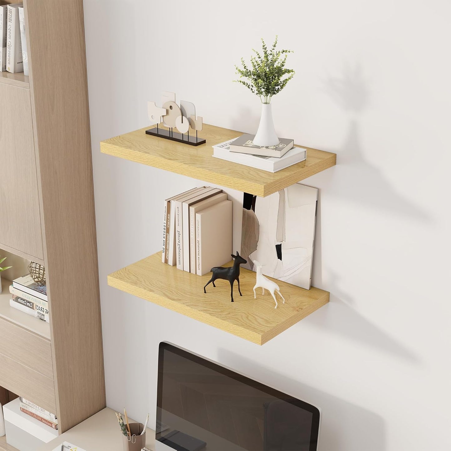 24" Floating Shelves for Wall, 12" Deep Slim Oak Floating Shelves, Wall-Mounted Shelves for Bedroom, Living Room, Kitchen, Bathroom - Set of 2