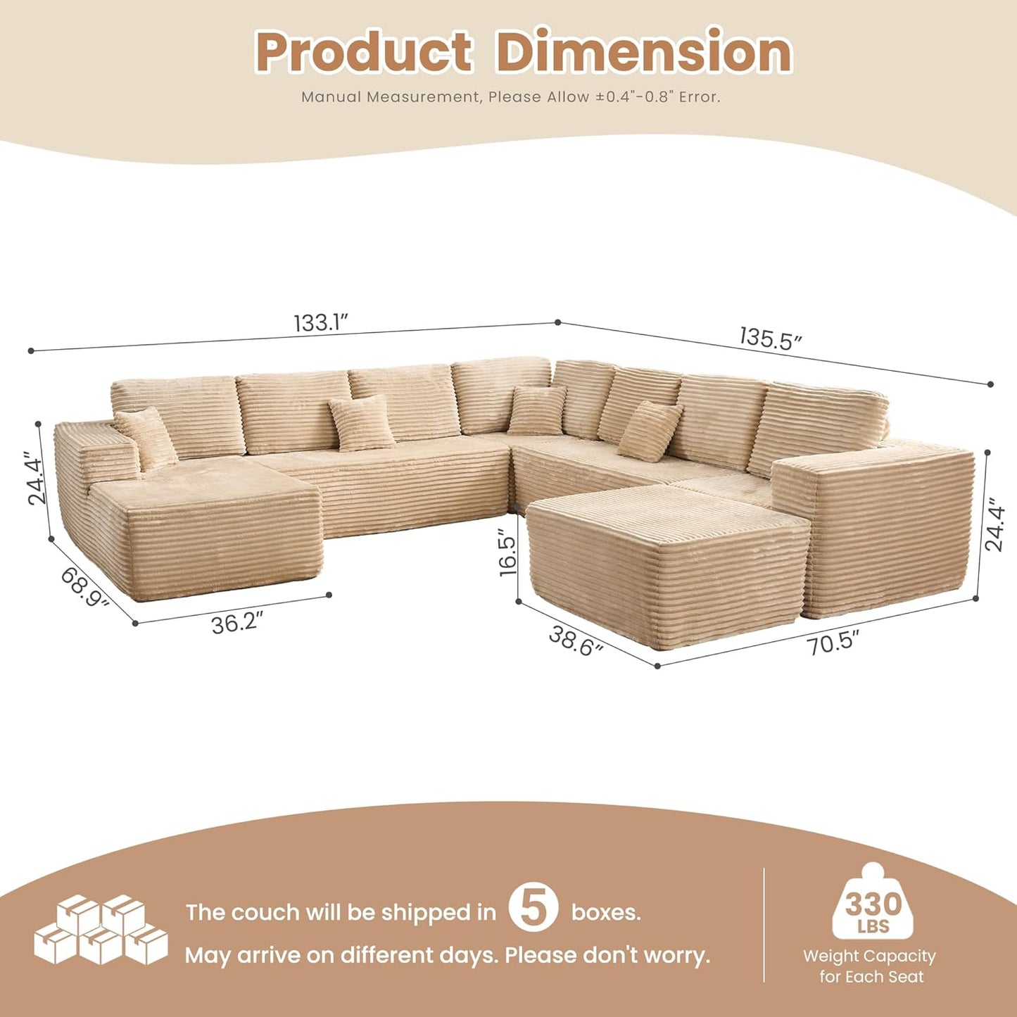 HOOOWOOO Cloud Sectional Couches for Living Room,Modular Sectional Sofa No Assembly,136X133 Inch Plush Corduroy Large G Shaped Floor Couch Set with Deep Seat Chaise Ottoman(Beige)