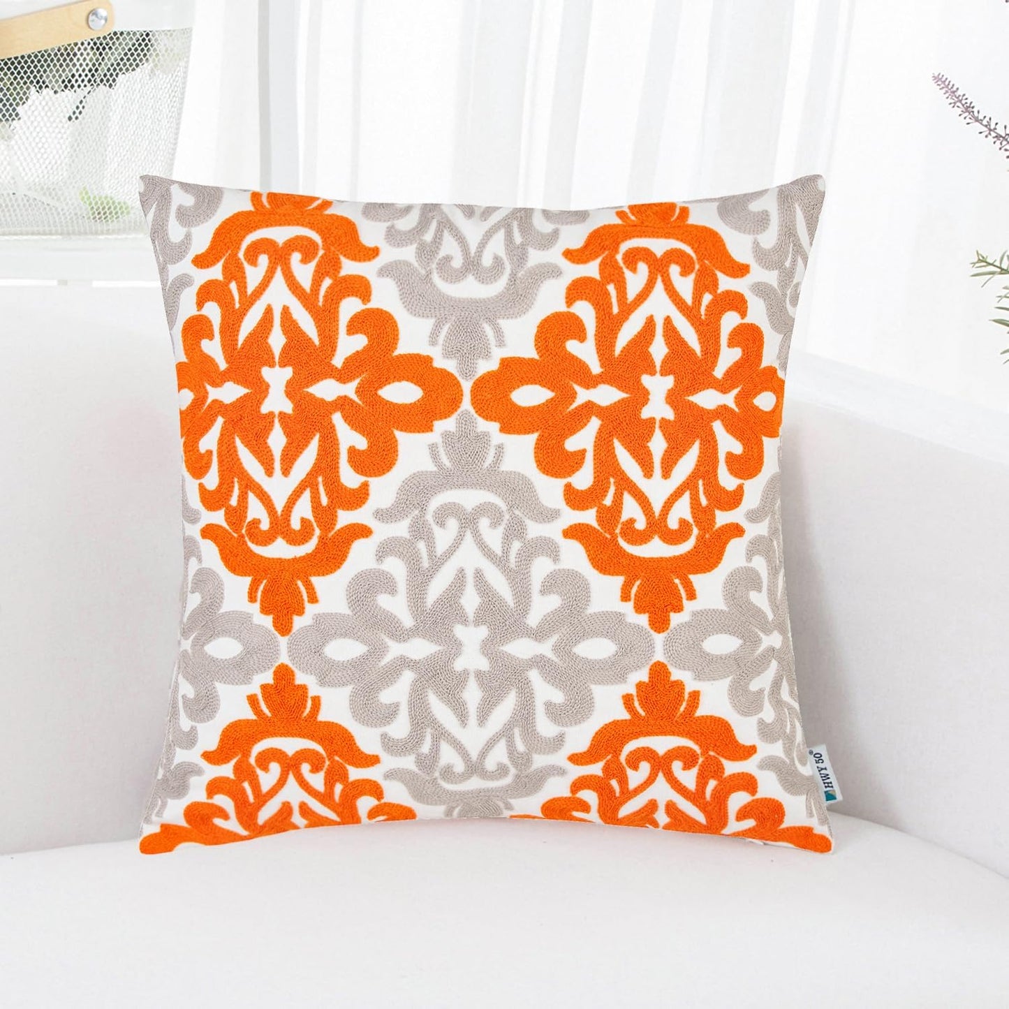 HWY 50 Orange Fall Decorative Throw Pillow Covers 18x18 Inch (1 Piece), Embroidered Cotton Farmhouse Cushion Cover Pillow Case for Sofa Couch Living Room Bed Bedroon, Floral Geometric