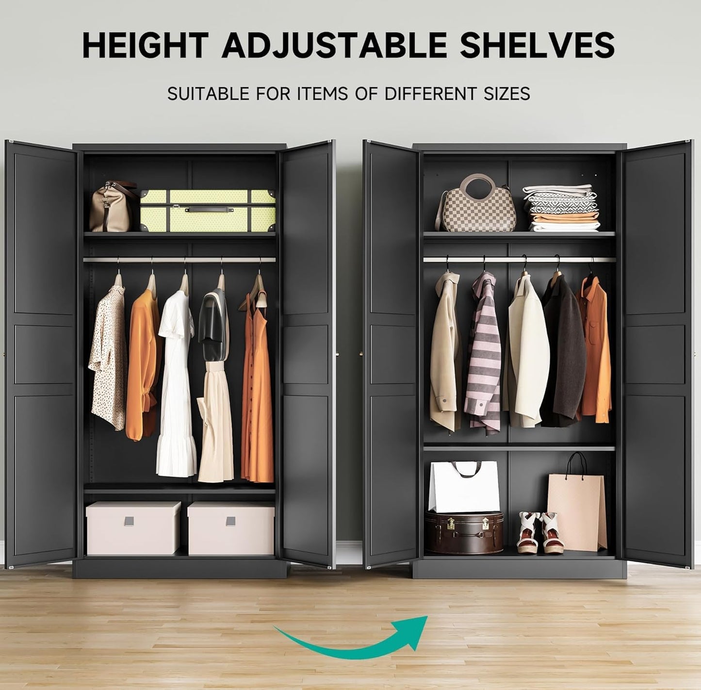 SISESOL Metal Wardrobe Cabinet with Hanging Rod,Black Armoire Wardrobe Closet,Metal Clothing Storage Cabinet with Adjustable Shelves and Doors,72" Cloth Storage Cabinets for Home,Living/Laundry Room