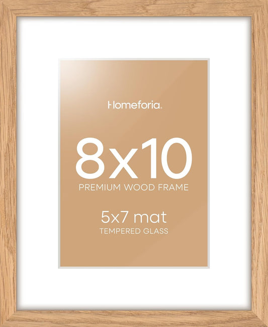 Homeforia 8 x 10 Wood Picture Frame, High End Natural Oak 8x10 Light Wooden Frames with Mat 5x7 inch Photo, 8 x 10 Frame Matted to 5 x 7 Art, Wall or Tabletop Frame, Tempered Glass, Wall Kit, Set of 1