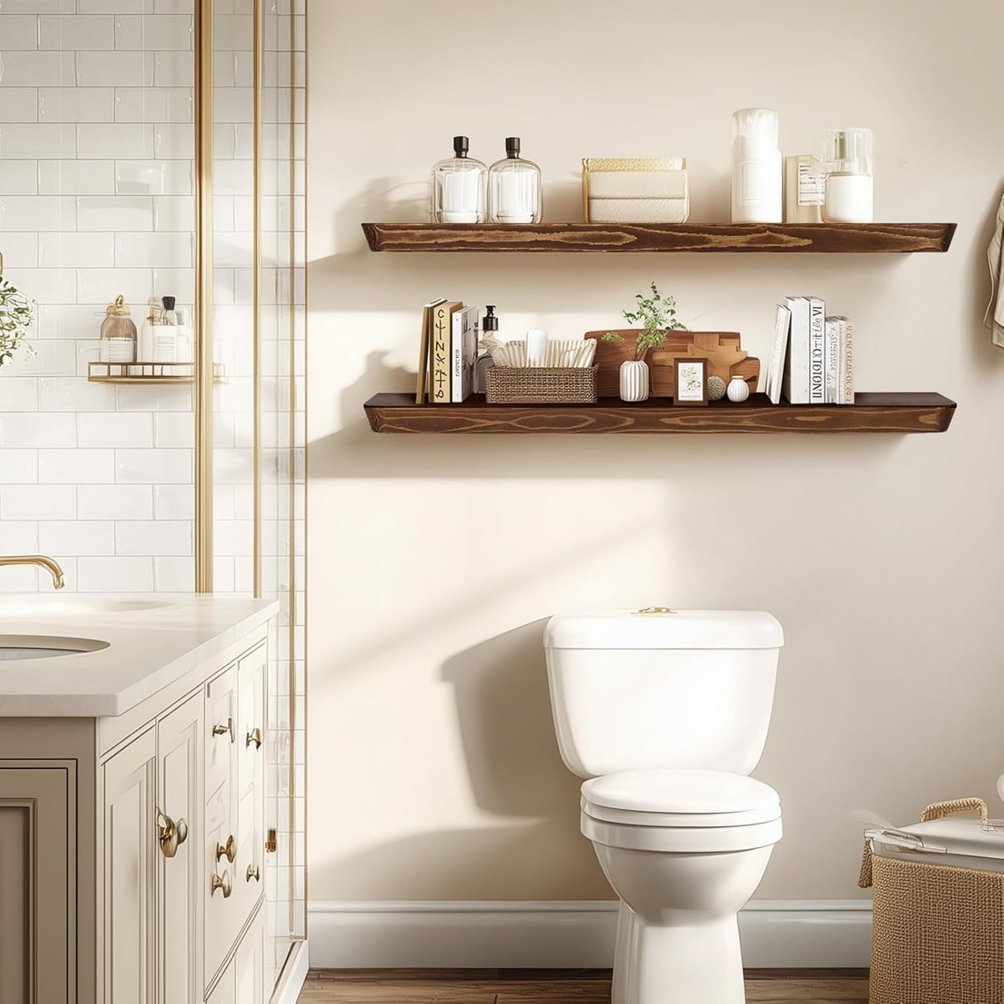 36"x6.8"x1.6" Slanted Floating Wall Shelves 2-Pack - Rustic Brown Finish, Heavy-Duty Solid Wood Design with Hidden Brackets - Perfect for Living Room, Kitchen, Bathroom, or Office