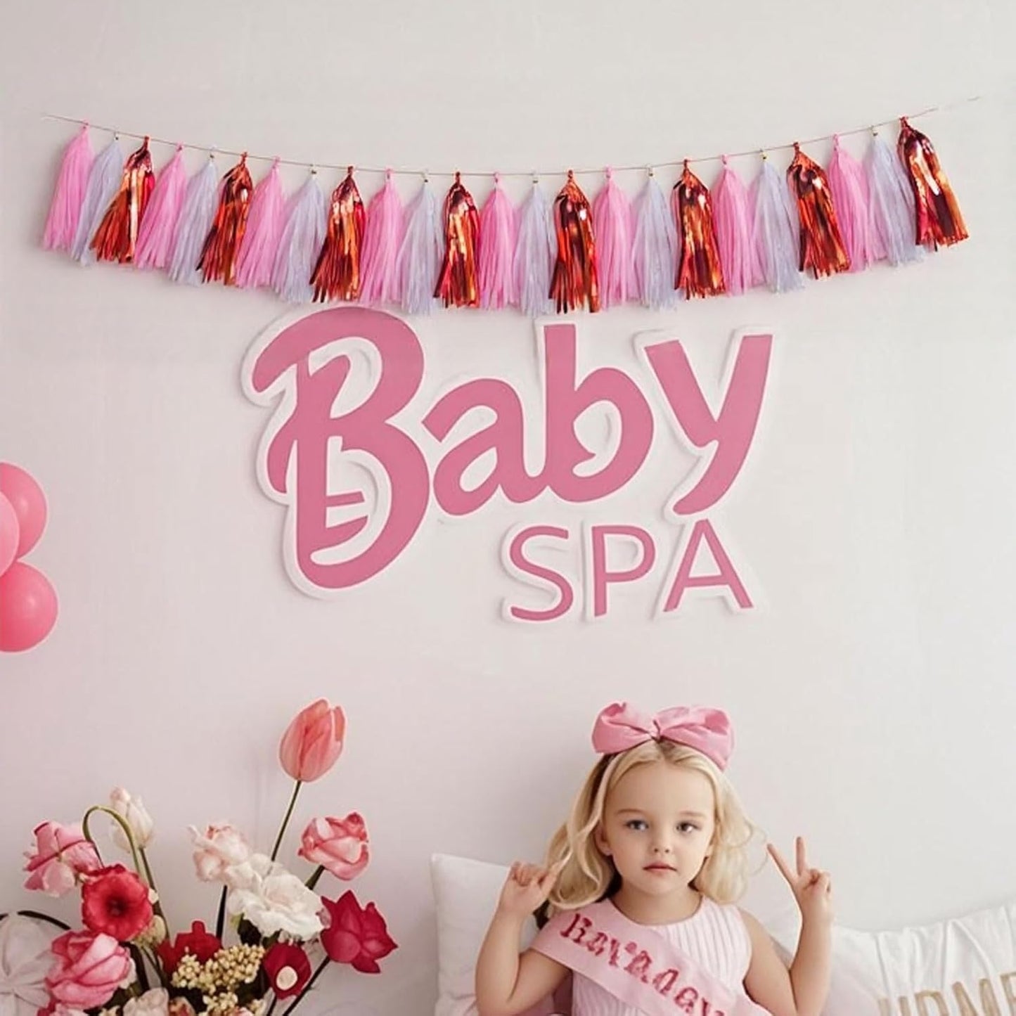 Shiny Tassel Garland Tissue Paper Tassel Banner,Tassels Party Decorations for Gender Reveal,Wedding,Birthday,Bridal/Baby Shower,Pack of 15 (Rose Gold/Pink/White)