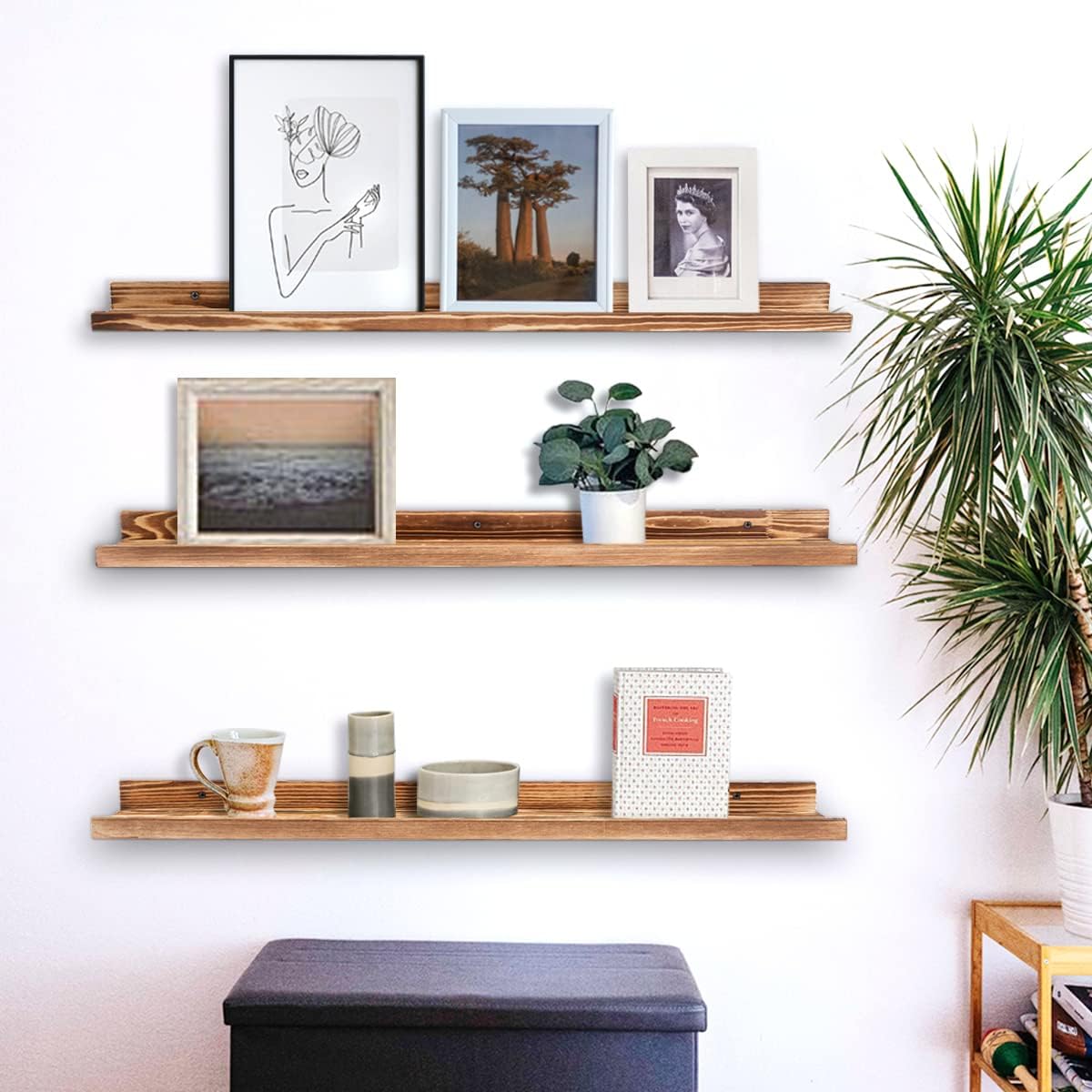 AZSKY Picture Ledge Shelf Wall Ledge Floating Shelves for Photo Frames Kids Book Shelves Wall Mounted Burnt Wall Display Shelf Wooden Frame Ledge 48 Inches Set of 3 Bathroom Organizer Shelves