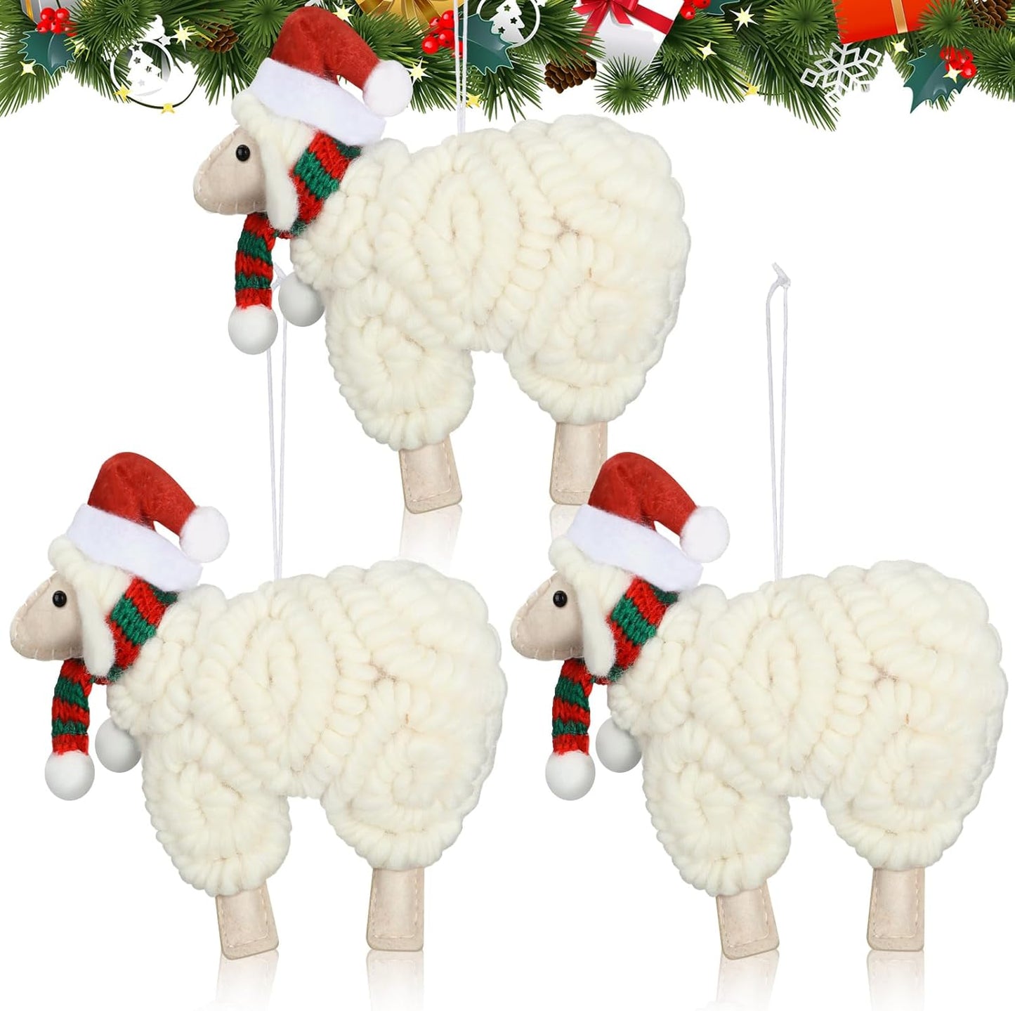 Jenaai 3 Pieces Felt Sheep Christmas Ornaments Sheep Decorative Hanging Ornaments Vintage Farm Wooly Lamb Tree Xmas Pendant Curly Decor for Holiday Figurines Gifts (Christmas)