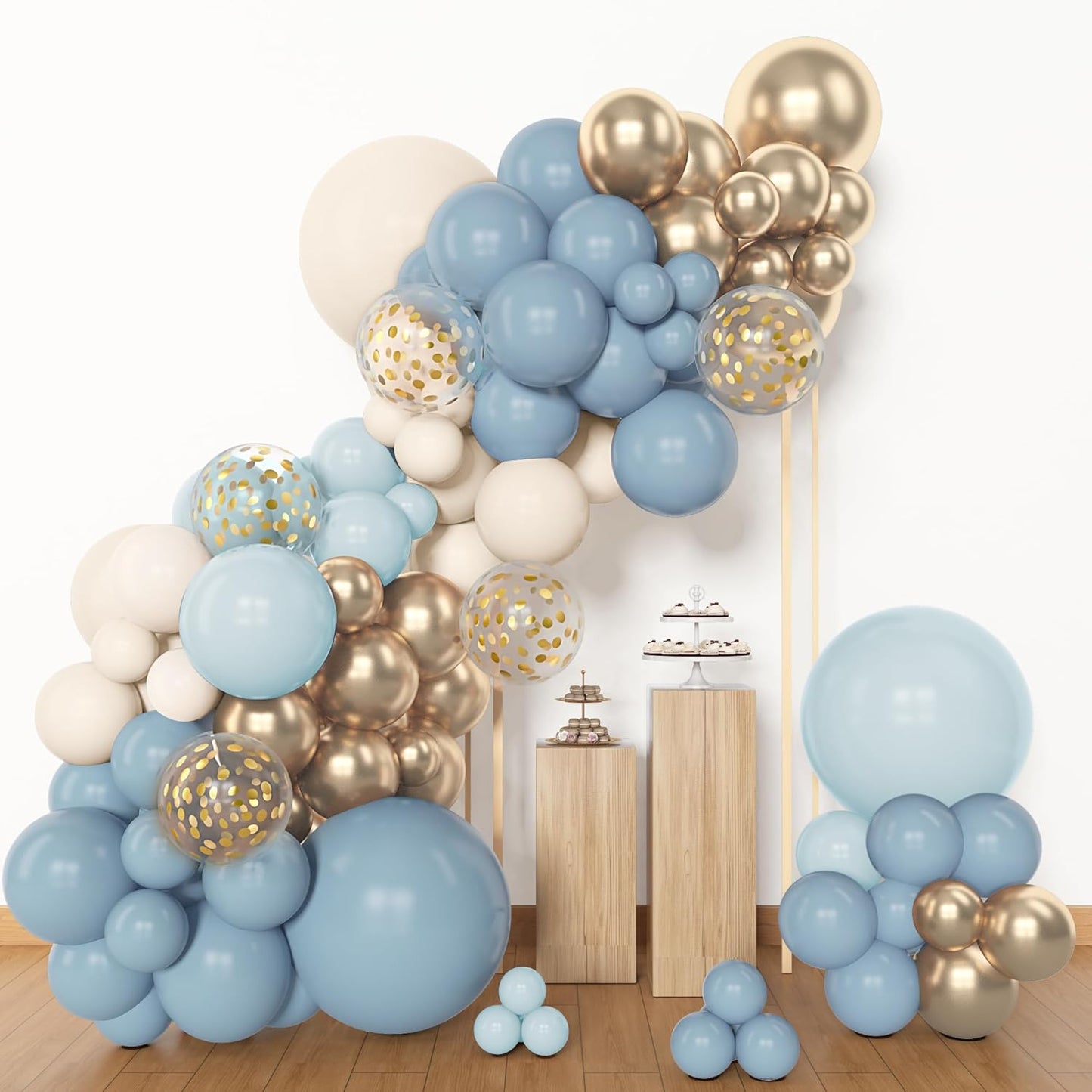 Amandir 153pcs Dusty Blue Balloon Garland Arch Kit, Different Sizes 18 12 10 5 inch Blue White Sand Latex Metallic Confetti Gold Balloons for Boys Birthday Boho Baby Shower Party Decoration Supplies