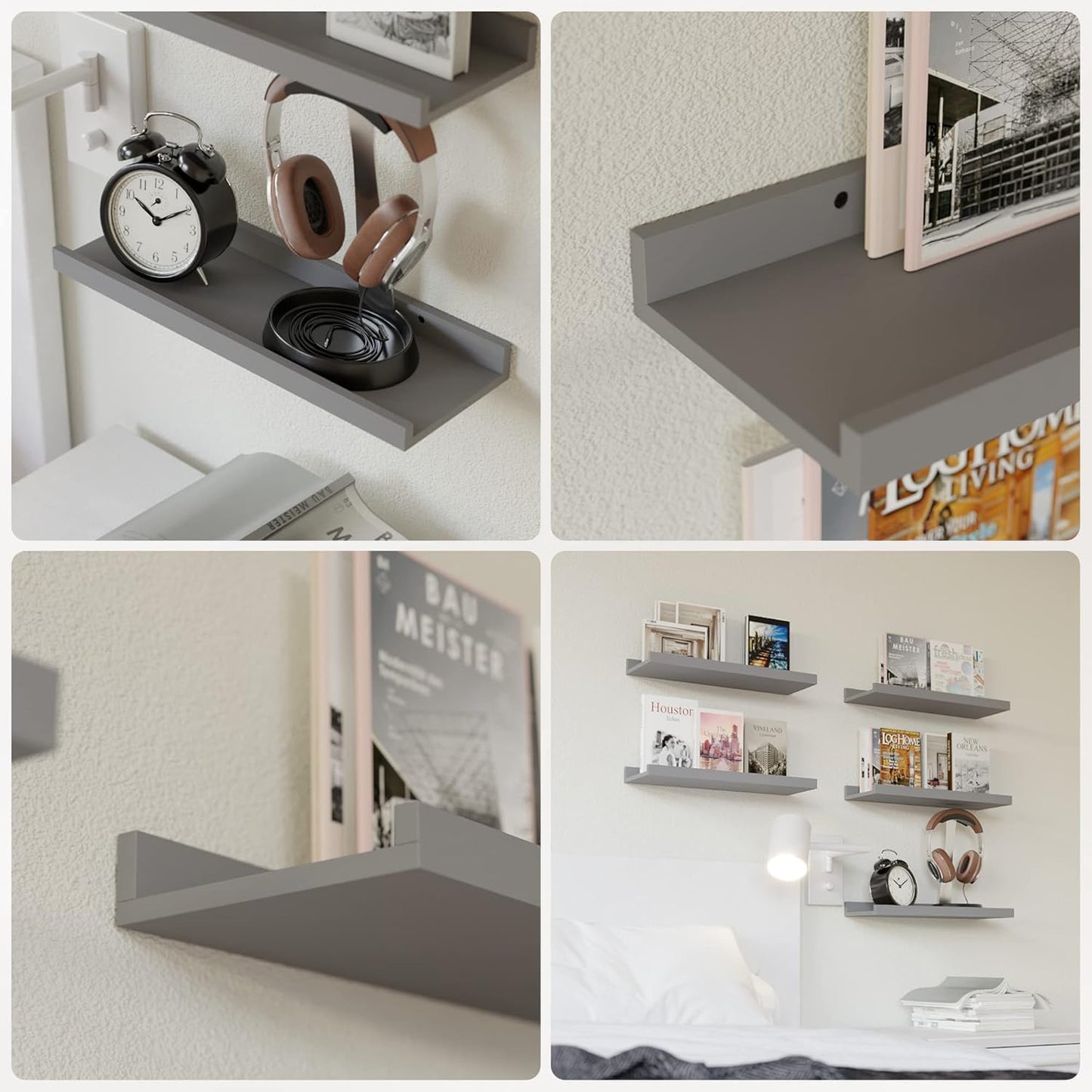 RICHER HOUSE 3 Set Floating Shelves for Wall, Black Wall Mounted Shelves with Lip for Storage, Display Picture Ledge Shelf for Bedroom Bathroom Kitchen Living Room Decor, Modern Grey