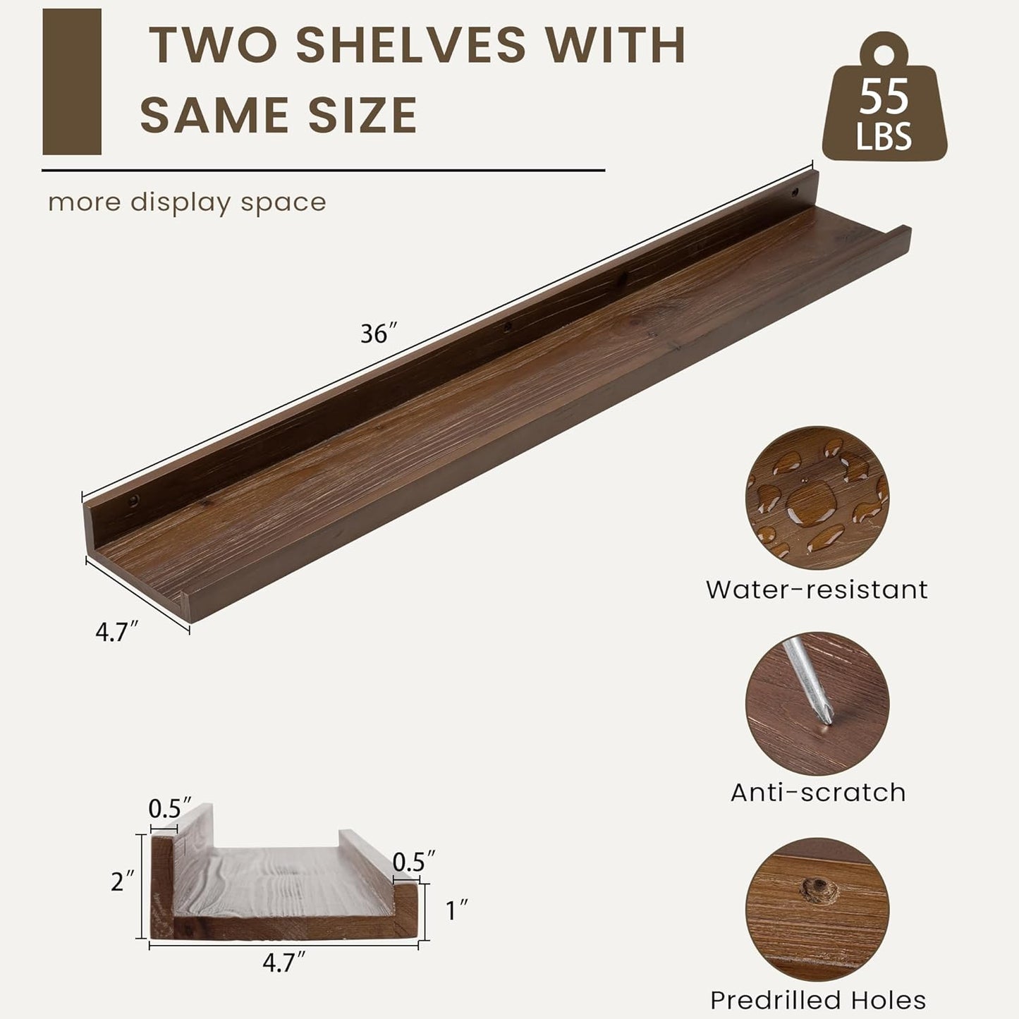 Floating Shelves for Wall, Picture Ledge Shelf 36 Inch Solid Wood Set of 2, Rustic Wall Shelves with Lip, Kids Bookshelf, Photo & Picture Live Edge Floating Shelves for Bedroom, Living Room, Kitchen