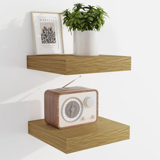 Marsmiles 6.7" Floating Shelves for Wall, Wooden Shelves with Invisible Brackets Set of 2, Rustic Farmhouse Wall Mounted Shelf for Kitchen Bathroom Living Room Study, Natural Oak