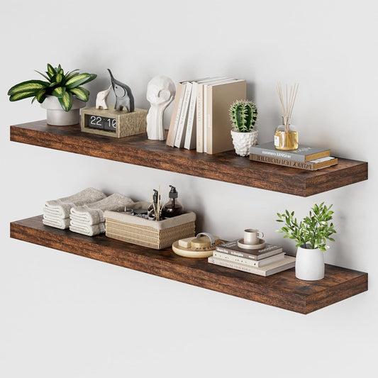 Heimlove 48W x 12D Long Floating Shelf, 12 Inch Deep Floating Shelves for Wall Set of 2, Wood Shelves for Bedroom Living Room Bathroom Kitchen Home Office, Rustic Brown