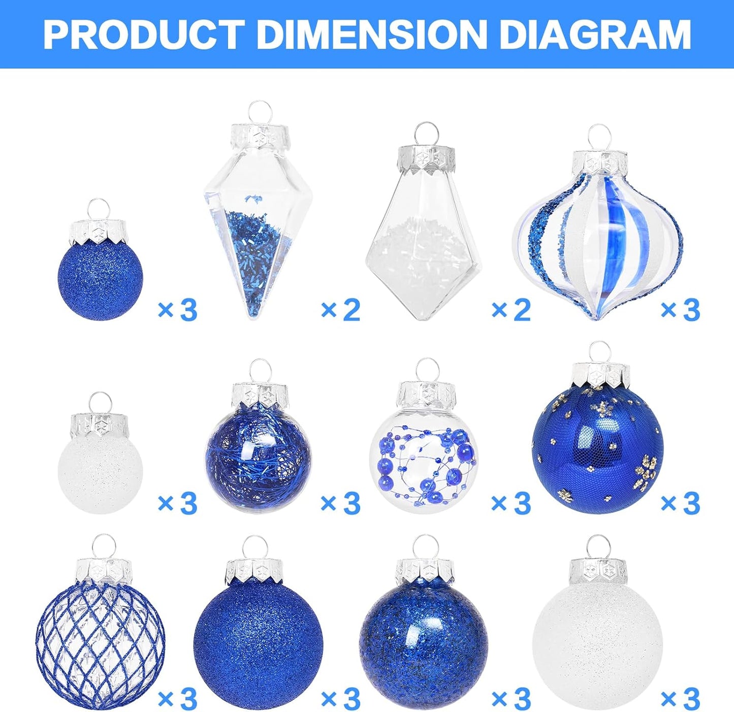 Christmas Ball Ornaments Set, 34PCS Clear Plastic Shatterproof Christmas Ornaments for Xmas Tree Hanging Decorations, for Indoor Home Thanksgiving Winter Party Decor - Blue/White.