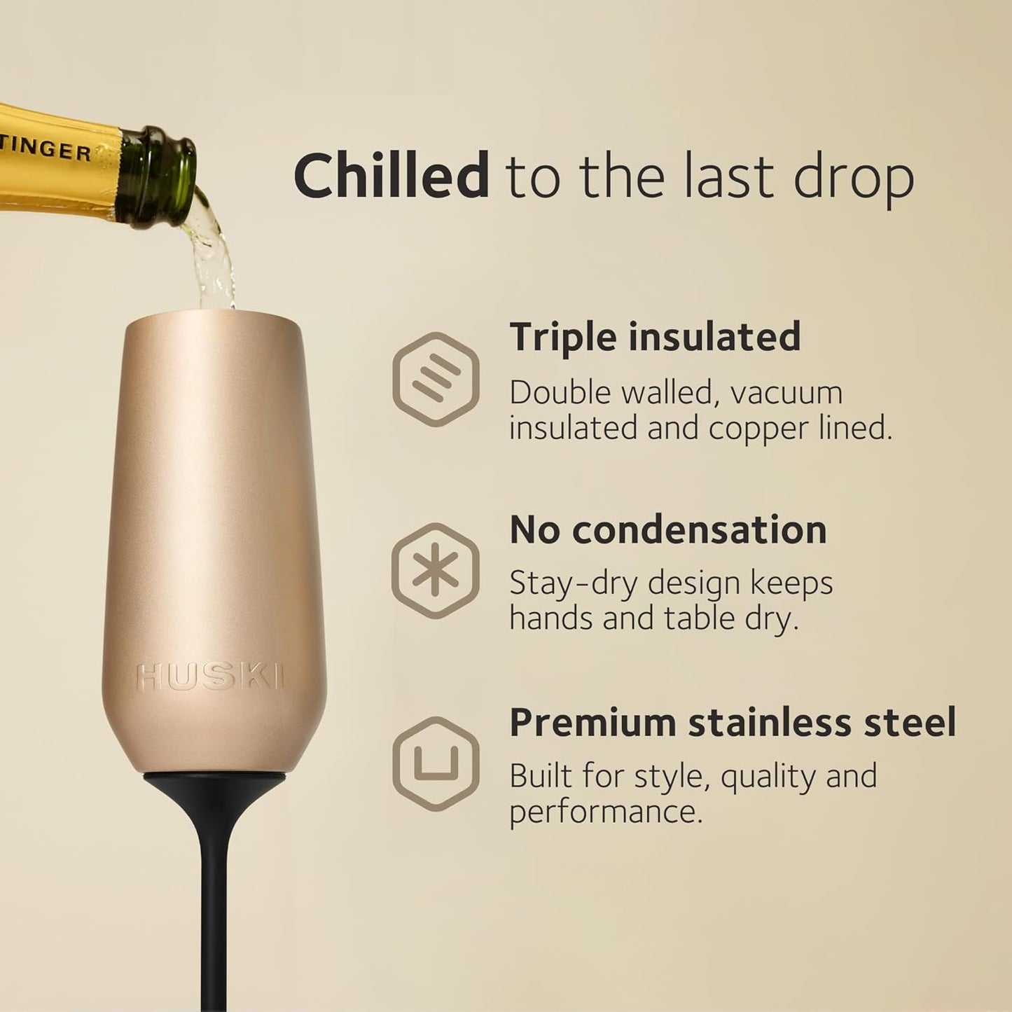 Huski Champagne Flute | NEW | Award-winning Design with Detachable Stem | Premium Stainless Steel Champagne Glass with Lid | Triple Insulated Tumbler | 8oz Capacity | Great Gift (Champagne)