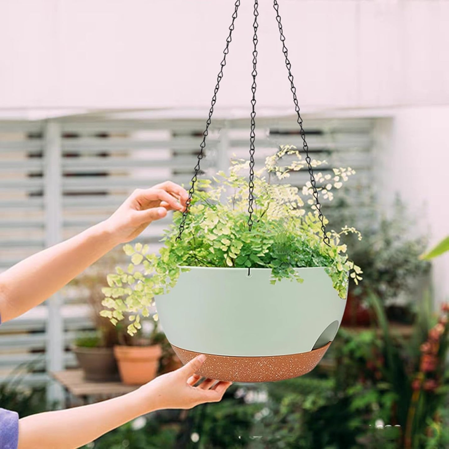 2 Pack Hanging Planters for Indoor Outdoor Plants, 12 Inch Self Watering Hanging Pot with Drainage Holes and Saucer, Plastic Plant Pots, Green Brown Flower Pots for Kitchen, Balcony, Garden