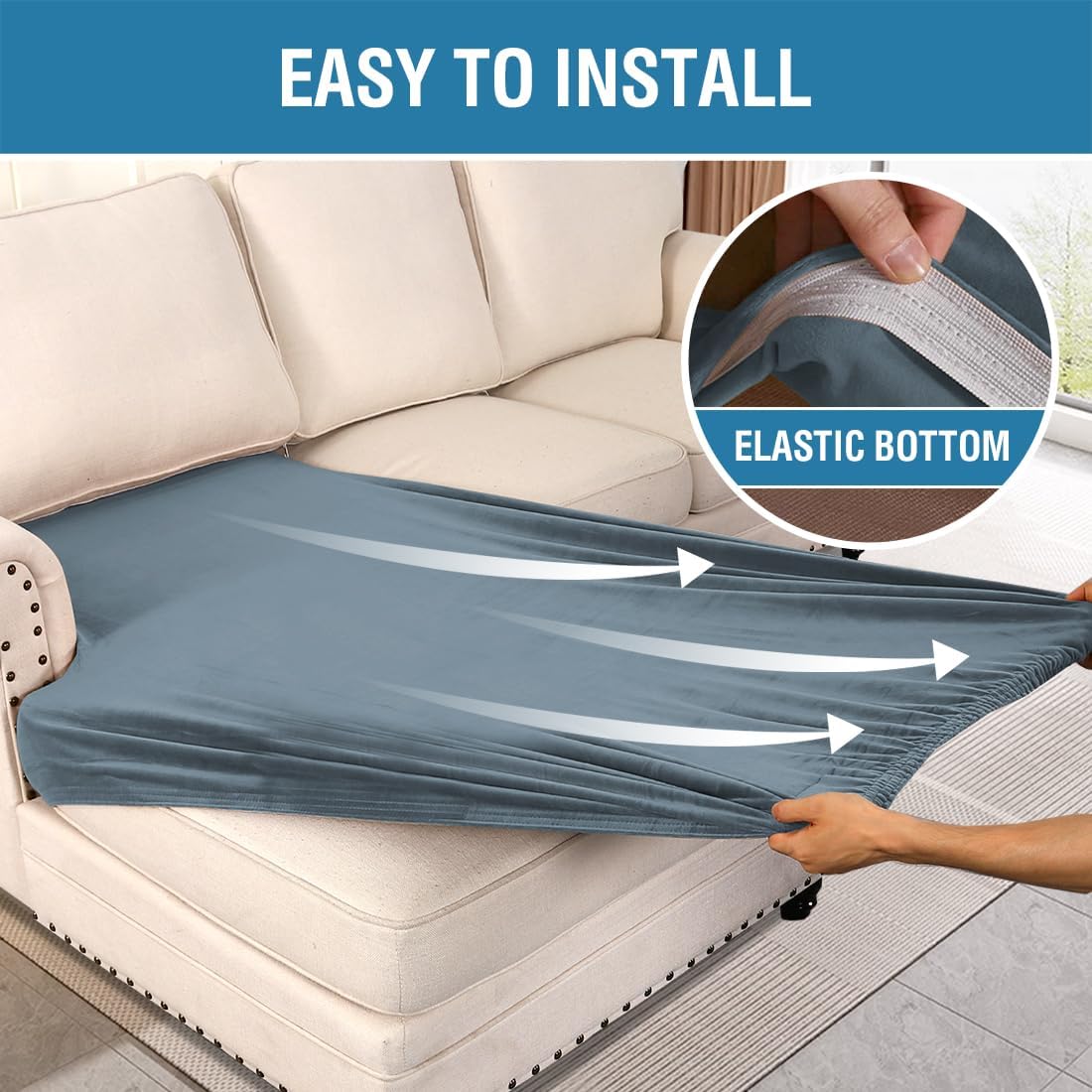 H.VERSAILTEX Velvet Stretch Individual Chaise Cover Sectional Couch Covers for L Shaped Sofa Both Left/Right Furniture Protector Seat Cushion Sofa Cover (1 Piece Chaise Cover, Stone Blue)