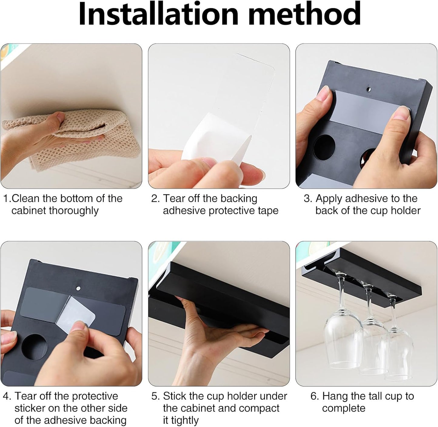 2PC Black Wooden Hanging Wine Glass Rack - Wall Mount Stemware Holder 25.3x11x2 cm - Space Saving Bar Organizer for Kitchen, Dining Room Home Decor (2pc)