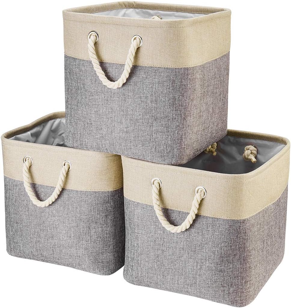 i BKGOO 3Pack Large Foldable Storage Bins，Collapsible Sturdy Cationic Fabric Organizing Storage Basket Cube with Cotton Handles for Home Office Shelf Clothes Toys Khaki-Grey 13×13×13 inch