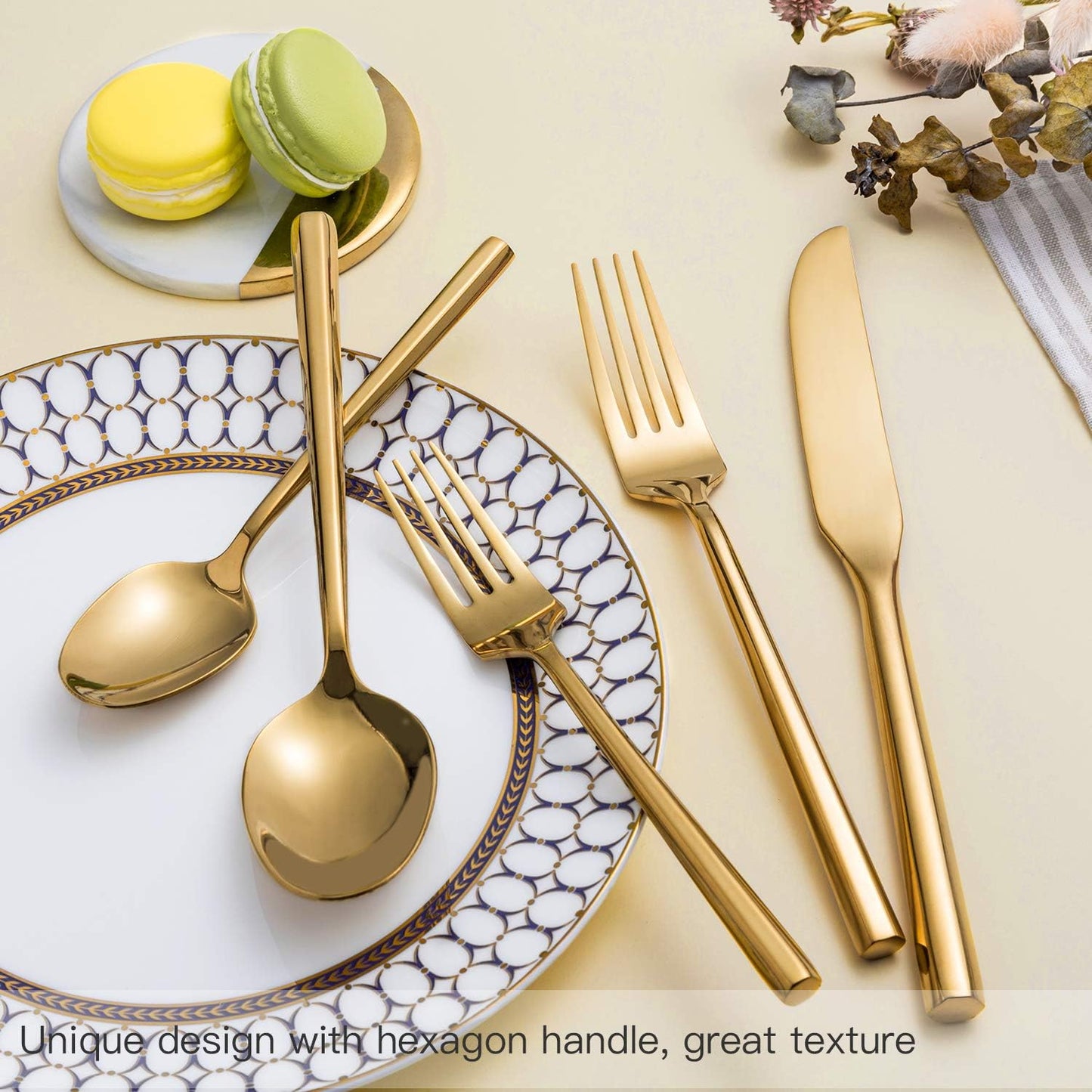 Gold Silverware Set Flatware Set Stainless Steel Cutlery Set Hexagon Handle Home Kitchen Daily Use 30 Pieces Service for 6