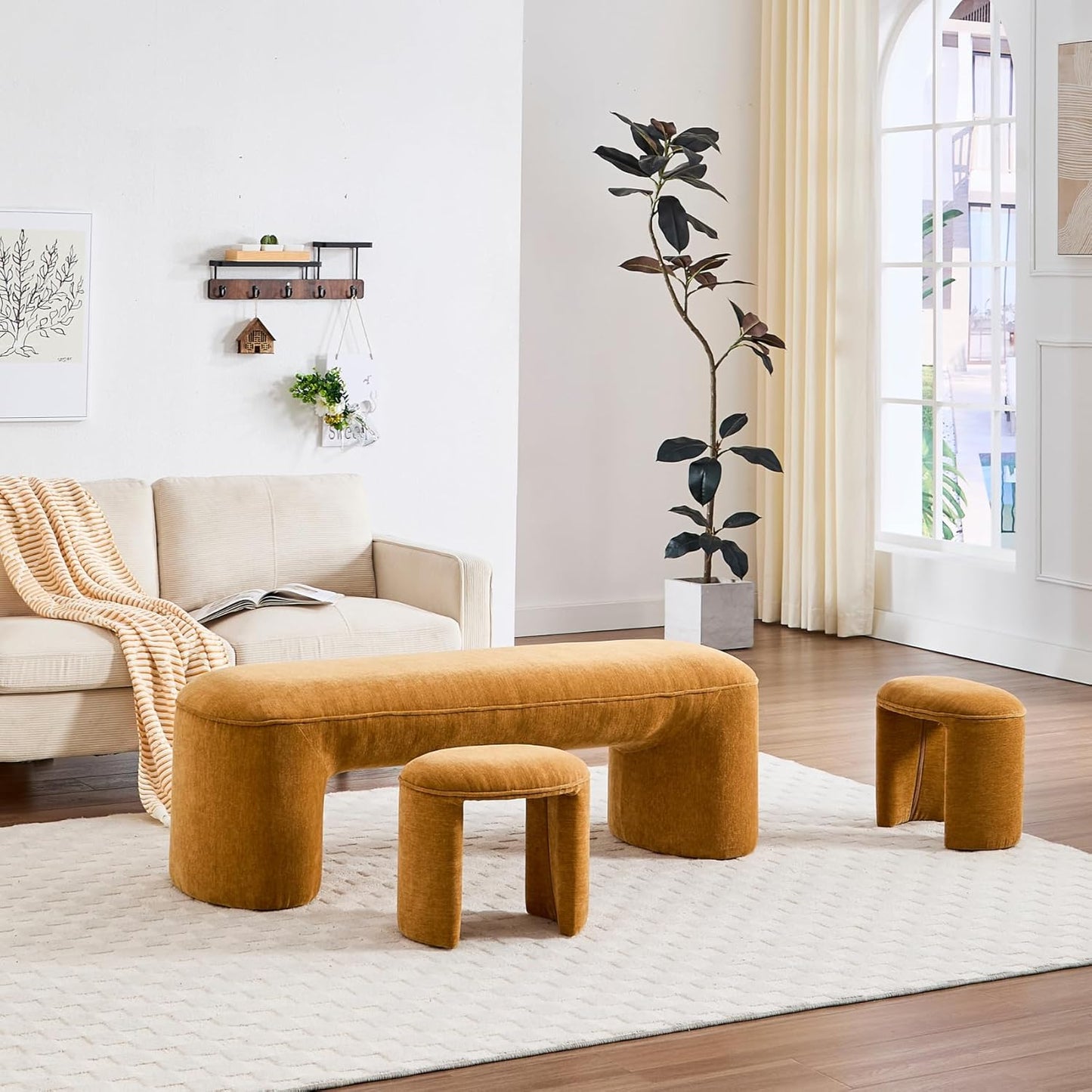 3-Piece 53" Comfy Upholstered Dining Bench with 2 Ottomans, Accent Waterfall Bench Modern End of Bed Entryway Bench Vanity Stool，Pumpkin Chenille