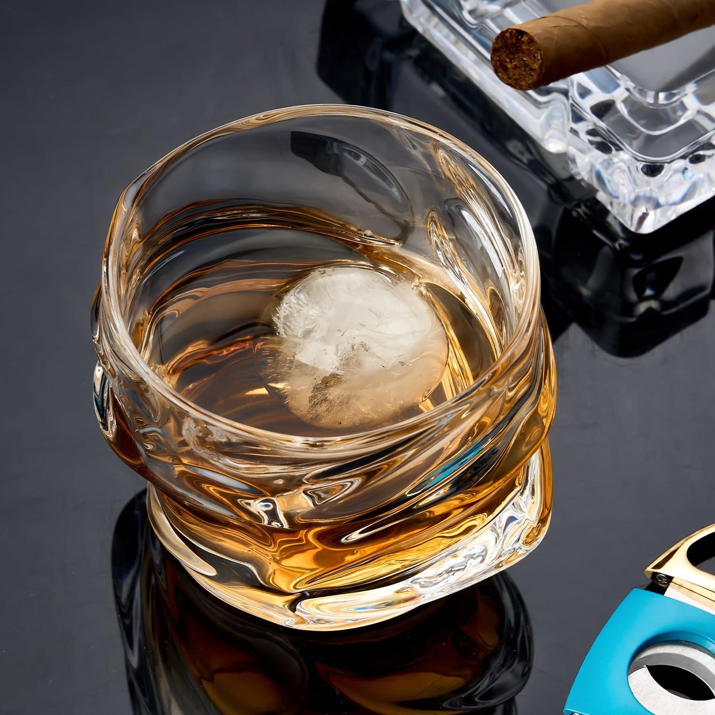 12 oz Hand Blown Crystal Whiskey Glasses Set of 4, Unique Cognac Glass, Heavy Thick Bottom Bar Glass for Scotch Bourbon Rum Gin Water Cocktail,Gifts Men Gifts Ideas