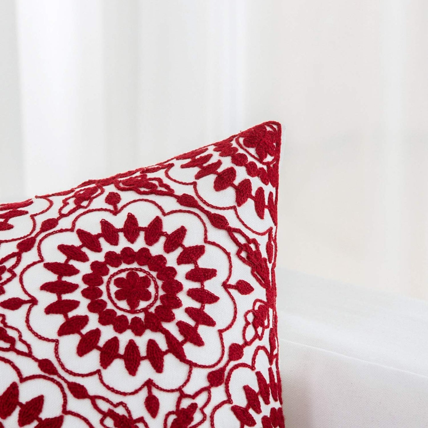 HWY 50 Red Decorative Throw Pillow Covers 18x18 Inch (1 Piece), Embroidered Cotton Farmhouse Cushion Cover Pillow Case for Sofa Couch Living Room Bed, Little Sunflower