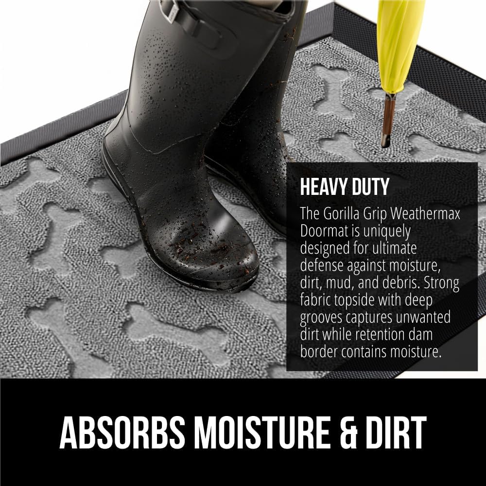 GORILLA GRIP 100% Waterproof All-Season WeatherMax Doormat 35x23, US Designed Natural Rubber, Stain and Fade Resistant, Low Profile Indoor Outdoor Door Mats, Easy Clean Patio Mat, Light Gray Bones