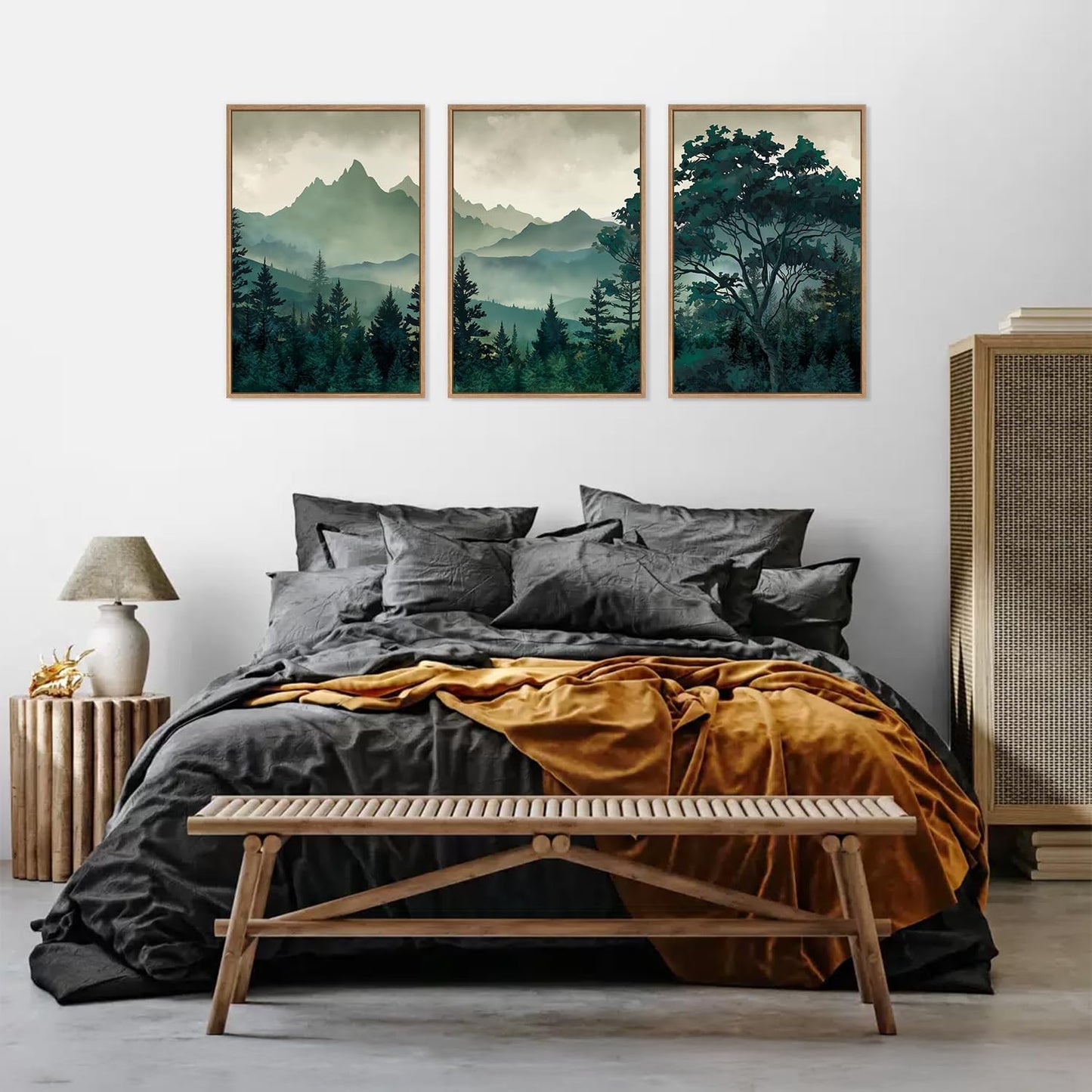 HLNIUC Green Foggy Forest Framed Canvas Wall Art Set,Watercolor Boho Pine Tree Wall Decor,Modern Misty Mountain Scenery Art Print,Nature Landscape Wall Painting for Living Room,Bedroom - 16”x24”x3
