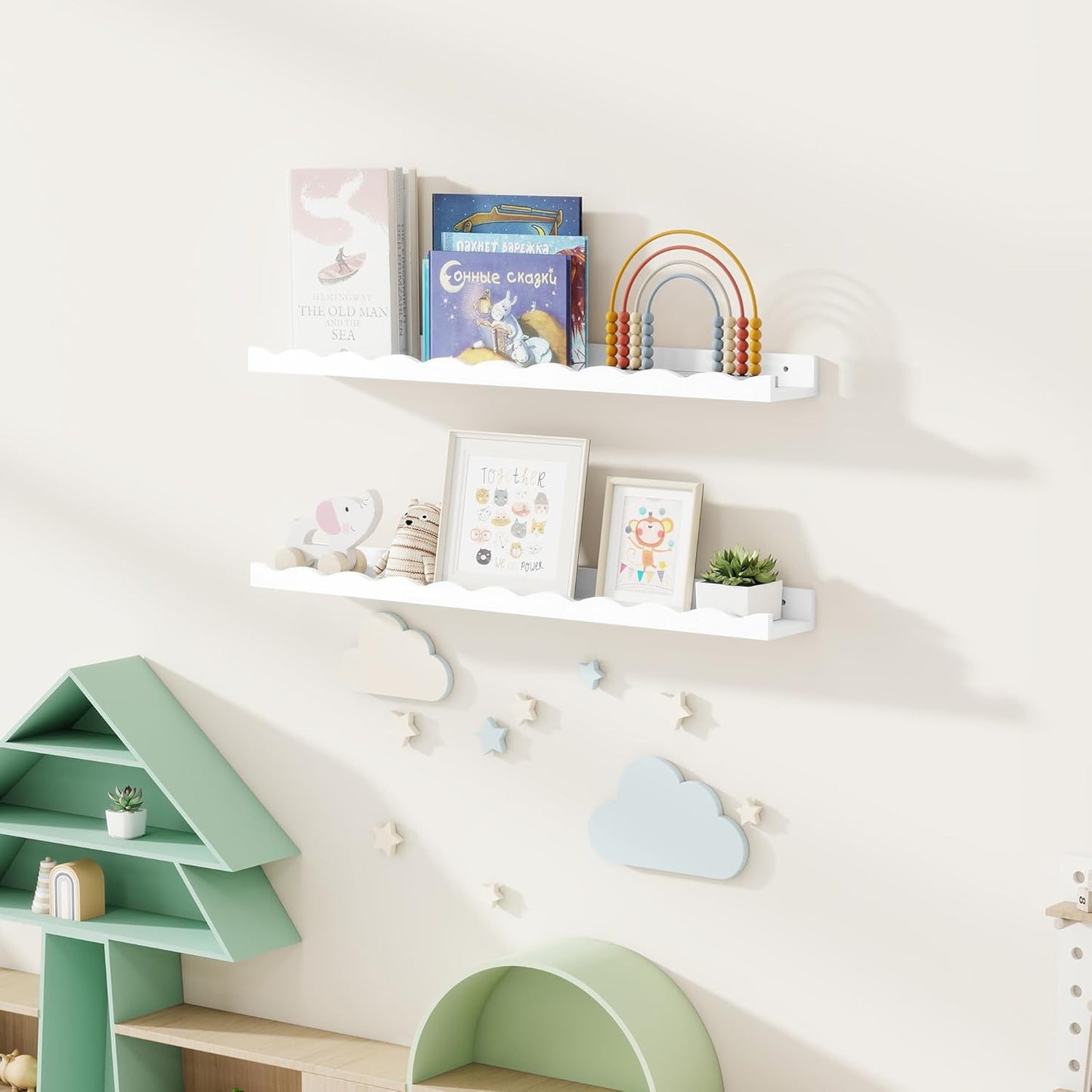 Fun Memories Picture Ledge Shelf for Wall, 36 inch Pine Wood Nursery Book Shelves Set of 2- Wall Book Shelves for Kids Room, Home Decor - Kitchen Spice-White