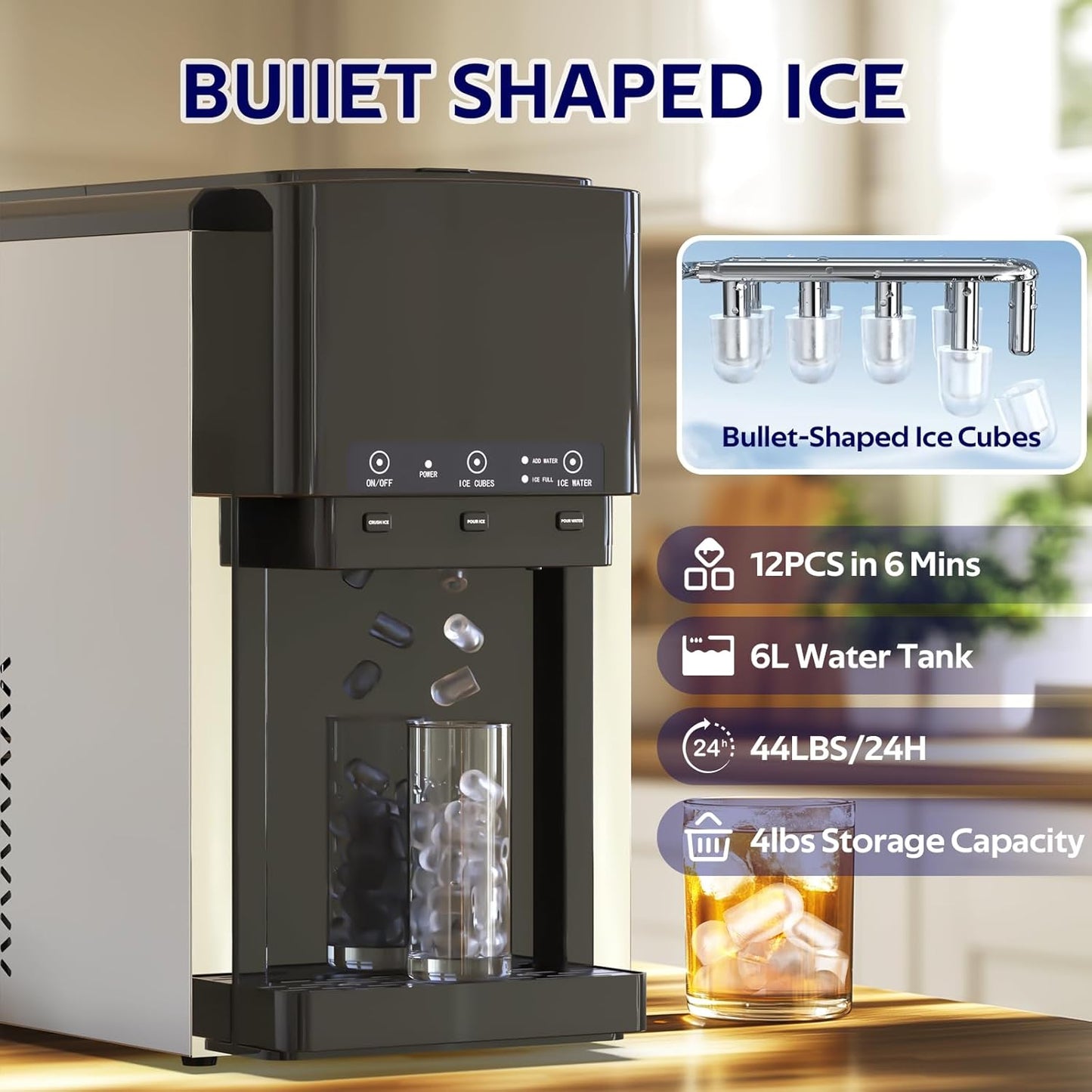 3 in 1 Water Dispenser with Ice Maker, Nugget Ice Maker Countertop, Bullet Ice, Crushed Ice, Water Cooler, 44Lbs/24H, 12 Ice Cube/6Min, Self-Cleaning, 4Lbs Ice Storage, Home, Kitchen, Party, RV
