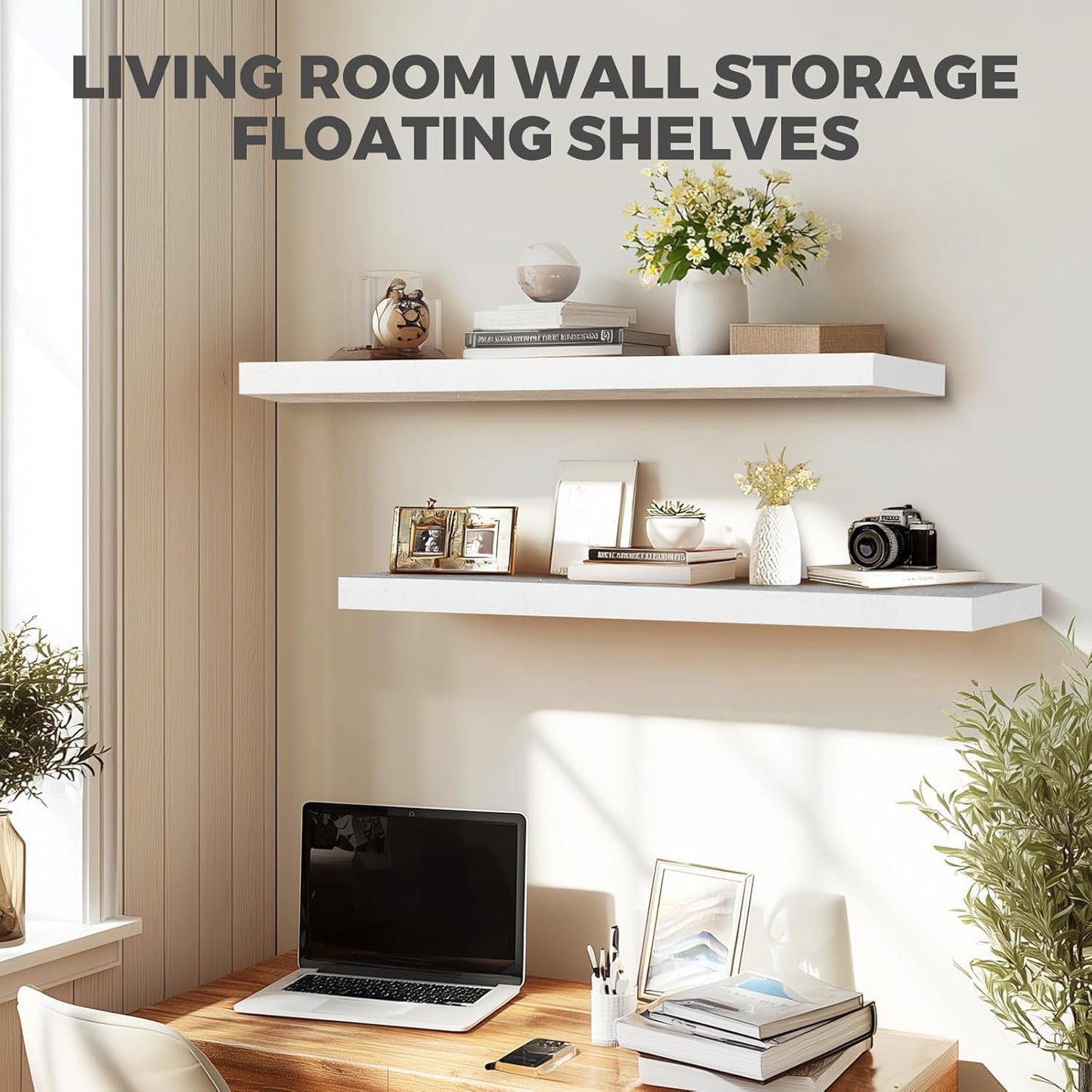 36"x6.8"x1.2" Solid Wood Floating Shelves 2-Pack - Rustic White Finish with Hidden Brackets, Perfect for Storage and Décor in Living Room, Kitchen, Bedroom