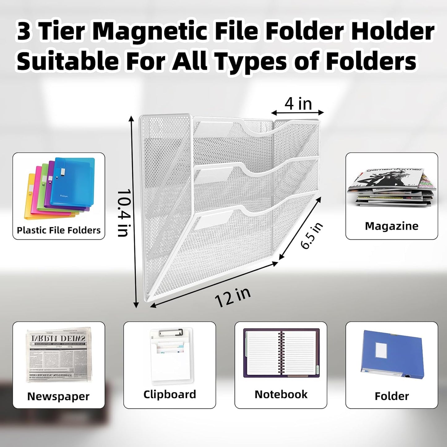 3-Tier Magnetic File Holder, No Drilling Installation File Cabinet Organizer, White Magnetic File Organizer, Magazine Rack, Magnetic Paper Holder for Refrigerator, File Cabinets,White