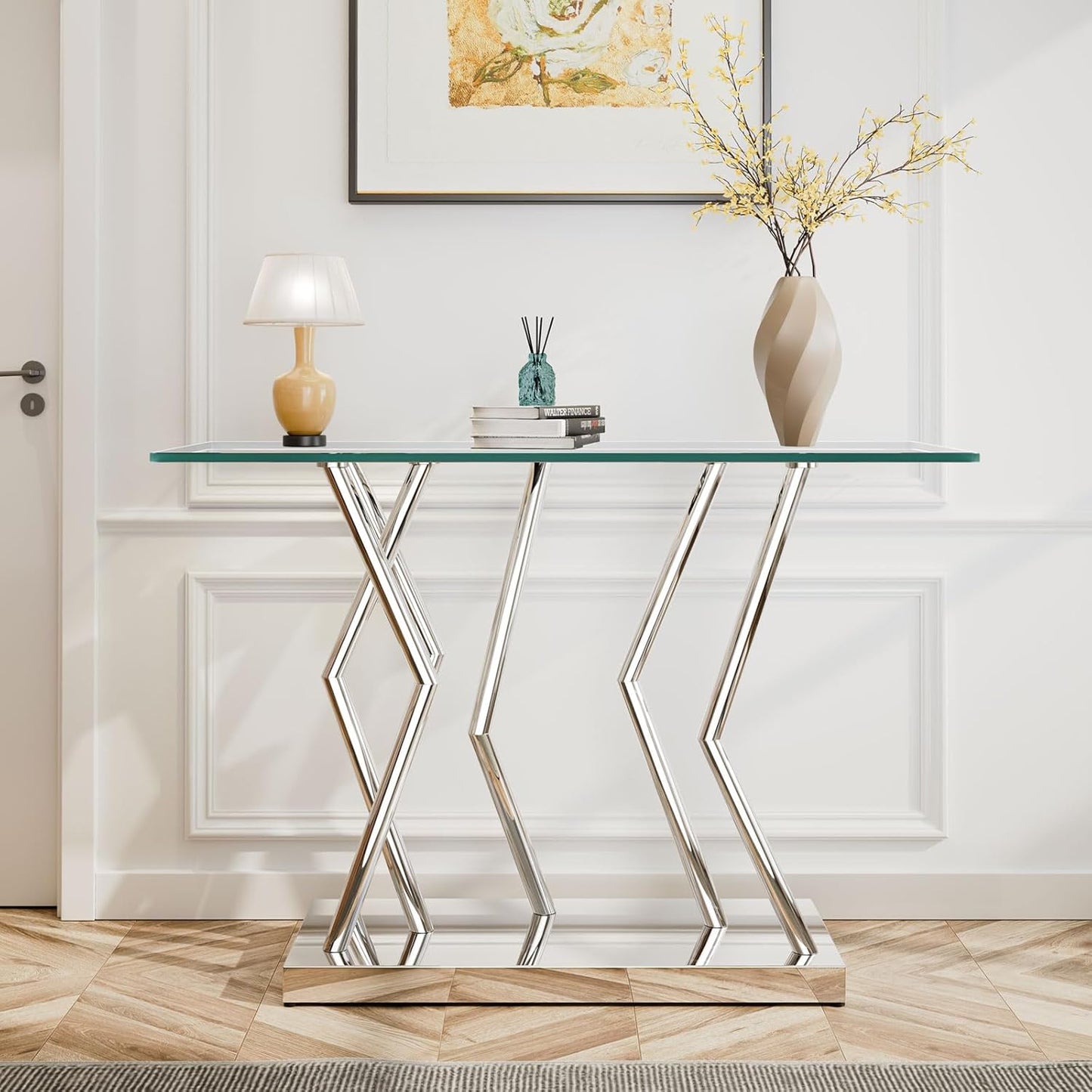 43.3" Glass Modern Console Table, Sturdy Silver Entryway Table with Stainless Steel Base, Rustic Entrance Table, Minimalist Narrow Tables for Living Room & Office