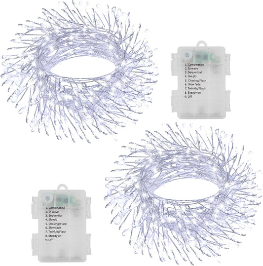 2 Pack Cluster Fairy Lights Battery Operated, Total 20Ft 400 LED Christmas Lights String with Timer 8 Modes Firecracker Fairy Lights Waterproof for Wreath Tree Wedding Gift Decor (Cool White)