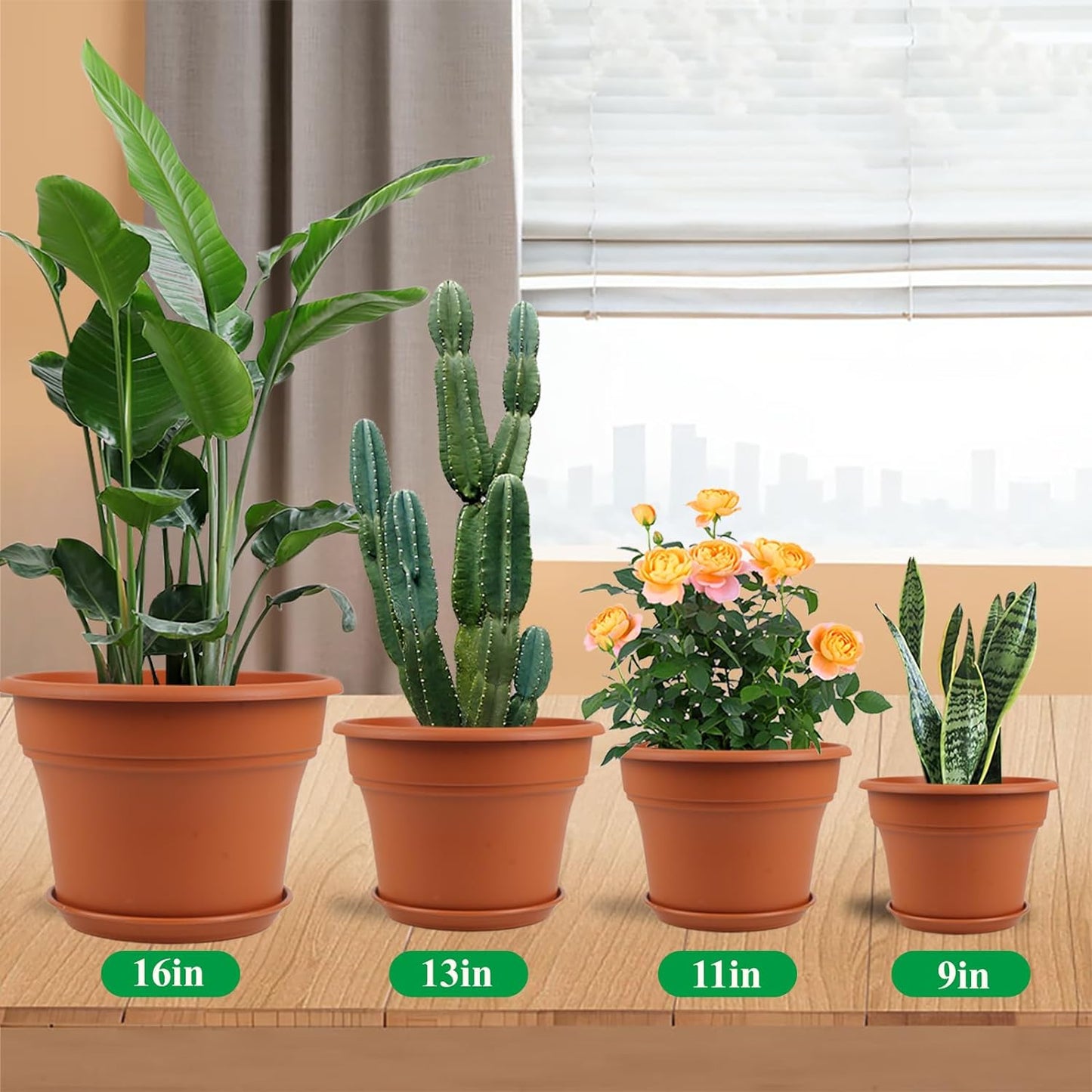 16 inch Plastic-Flower-Pot-for-Indoor-Plants, 4 Pack Large Outdoor Planter Pot with Drainage Holes & Saucers, Resin Decorative Garden Pots Planters